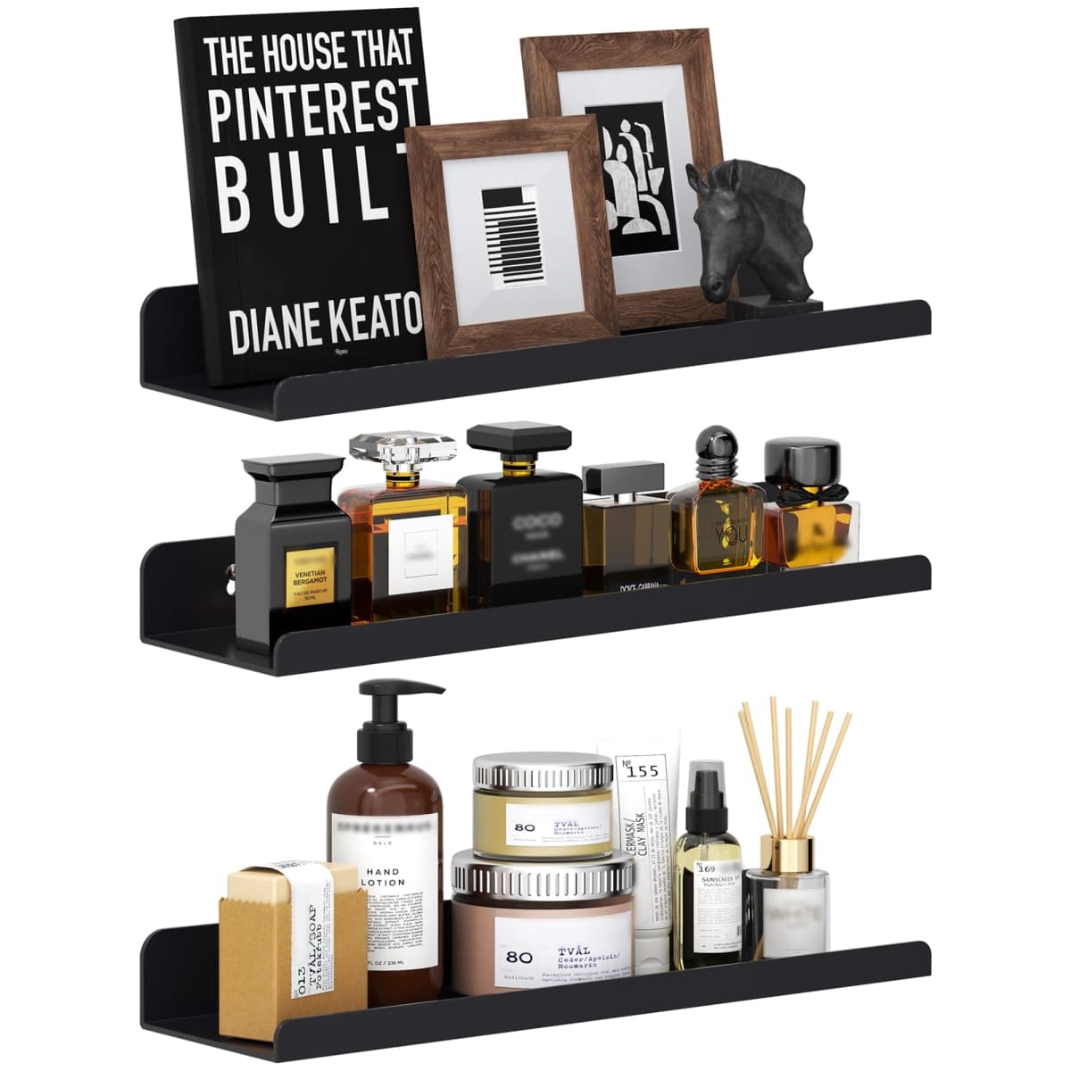 Qukaka Floating Shelves for Wall Decor, 15" Wall Shelves for Bedroom, Living Room, Kitchen, Bathroom Decor, Nail Polish/Book/Decoration/Makeup/Perfume Organizer Floating Shelf-3Pack Black — image 1