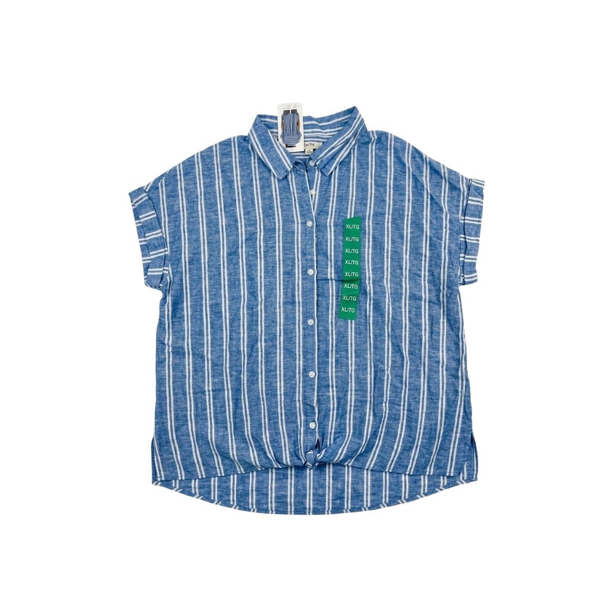Jachs Girlfriend Blue and White Striped Tie-Front Linen-Blend Shirt