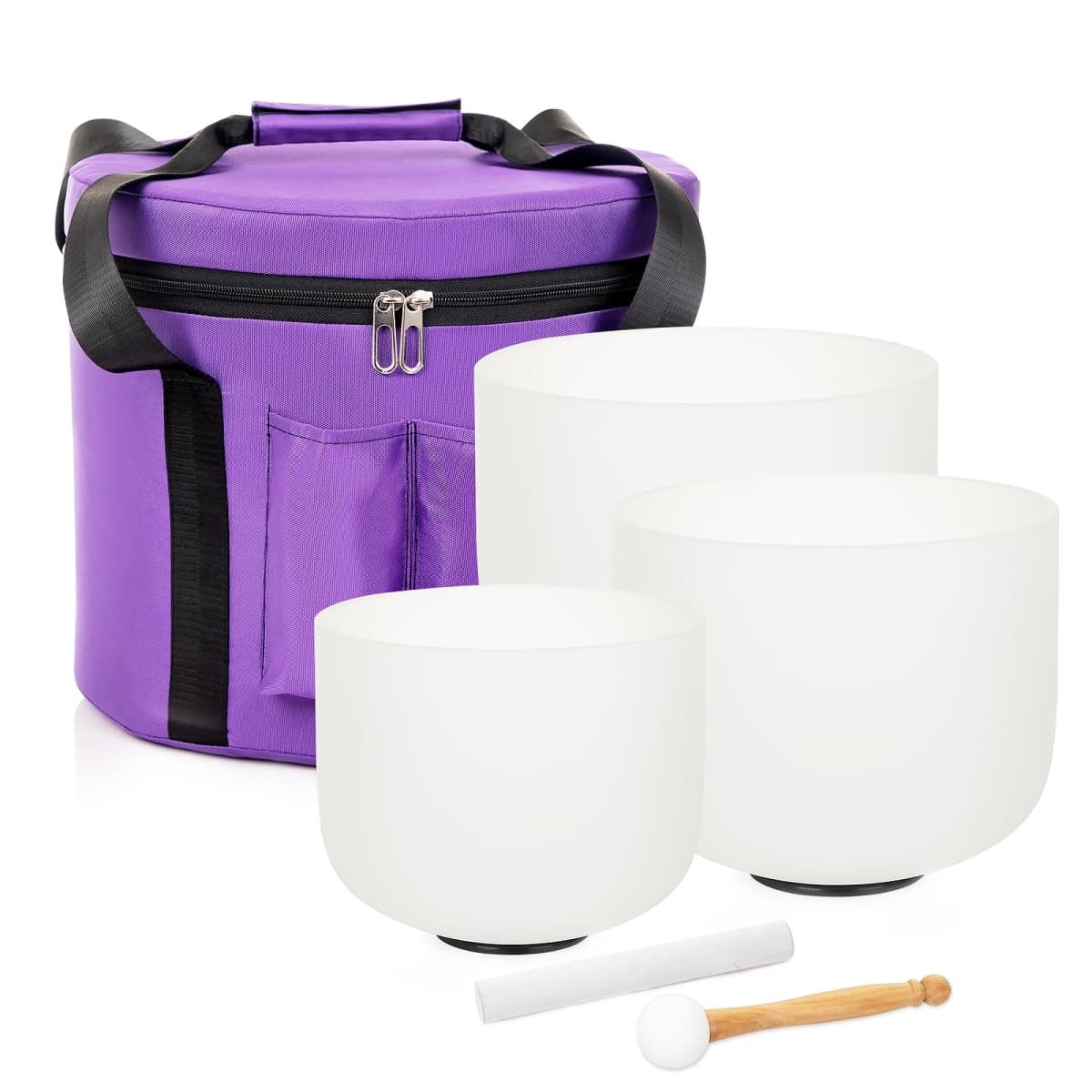 Siceeoly Set of 3 Singing Bowls 432HZ 8"G 10"E 12"C Frosted Chakra Quartz Crystal Sound Healing Bowls with 1 Travel Carry Case Bag 1 Mallet Suede 1 Striker 3 O-rings — image 1
