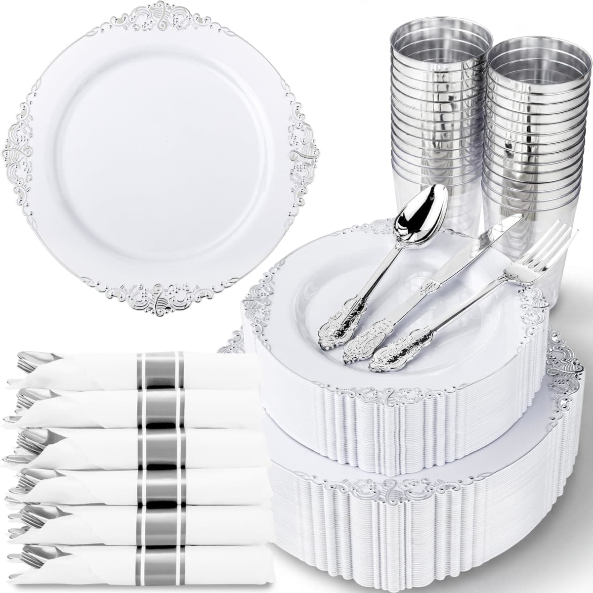Nervure 350Pcs Silver Plastic Plates, Plastic Dinnerware Set for 50 Guests — image 1