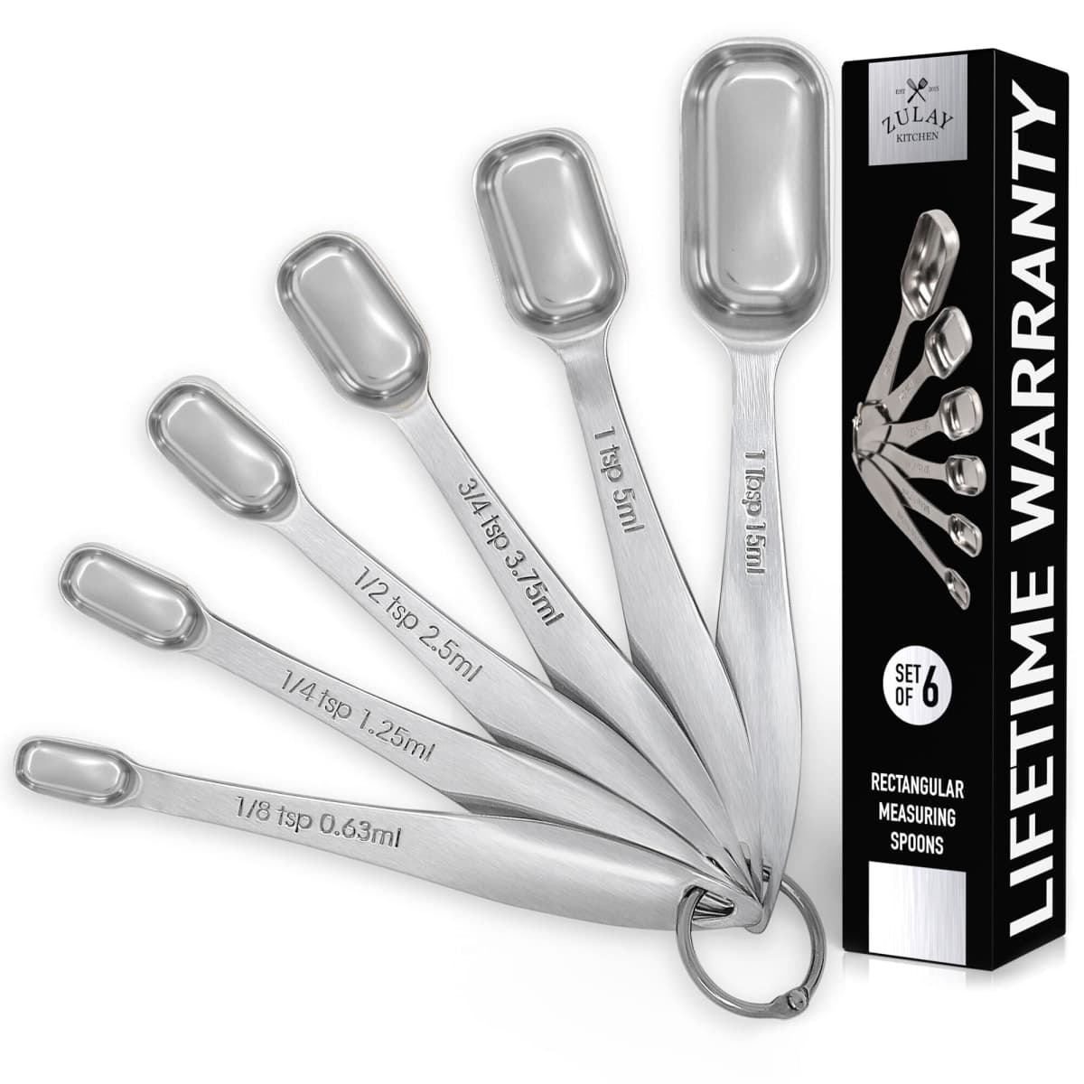 Zulay Heavy Duty Stainless Steel Measuring Spoons with Easy to Read, Slim Design for Narrow Spice Jars, 6 Piece Measuring Spoons with Etched Markings & Removable Clasp, Table Spoons Measuring Spoon — image 1