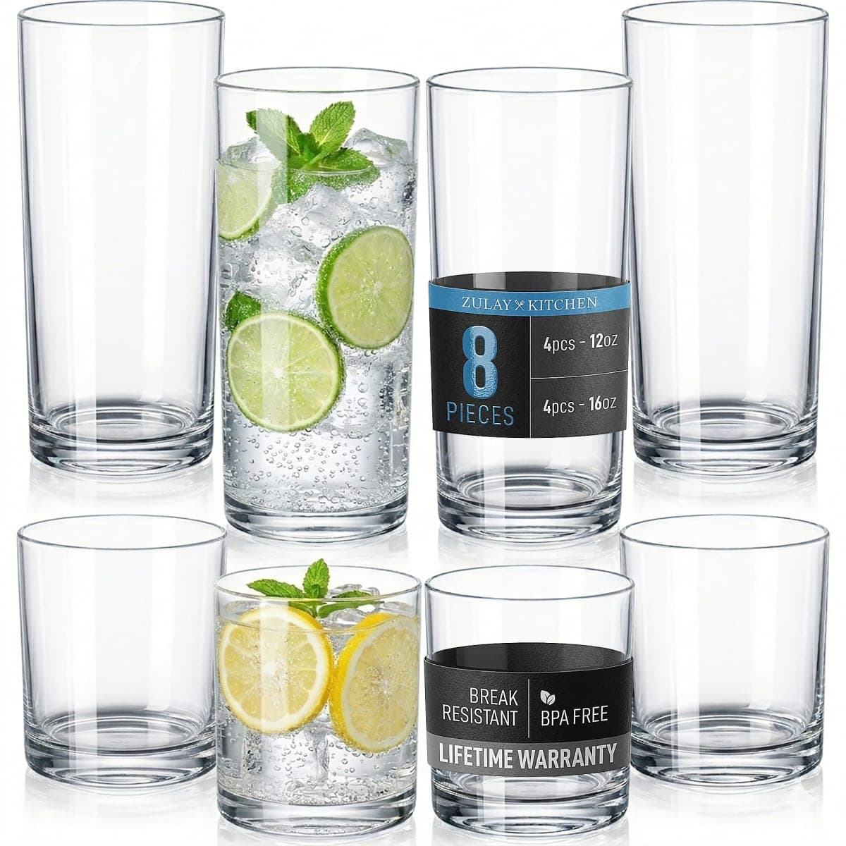 Zulay Kitchen Acrylic Glasses Drinkware - 8 Piece Unbreakable Plastic Tumblers - BPA-Free, Reusable Plastic Drinking Glasses for Home & Outdoors - Stackable, Lead-Free & Dishwasher Safe - (12&16oz) — image 1