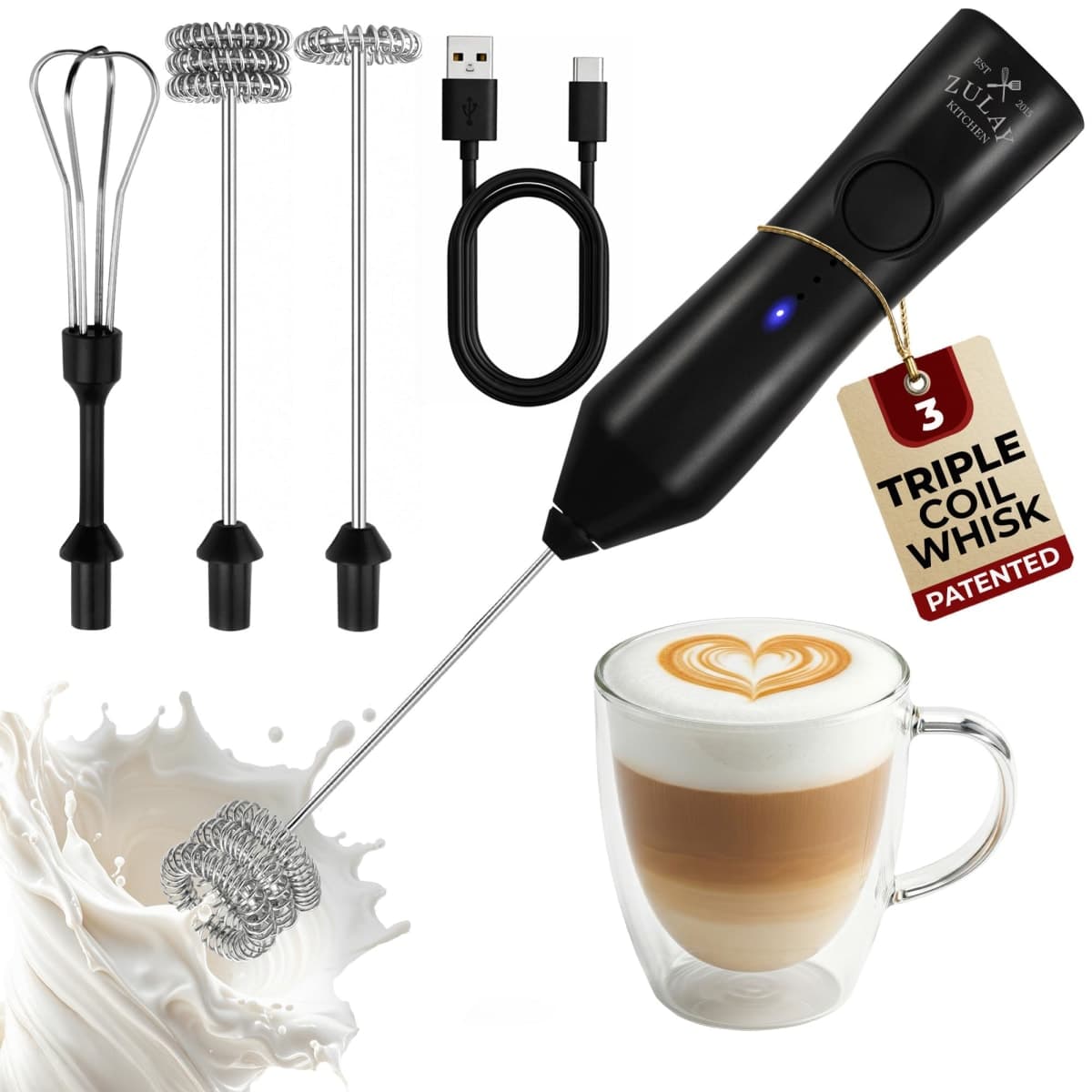Zulay Kitchen Rechargeable Milk Frother - Dynamic - 3 Speeds, 3 Whisk Attachments, 500 mAh USB Charging, Drink Mixer for Latte, Cappuccino, Matcha, Protein Powder, Coffee Foam - Black — image 1
