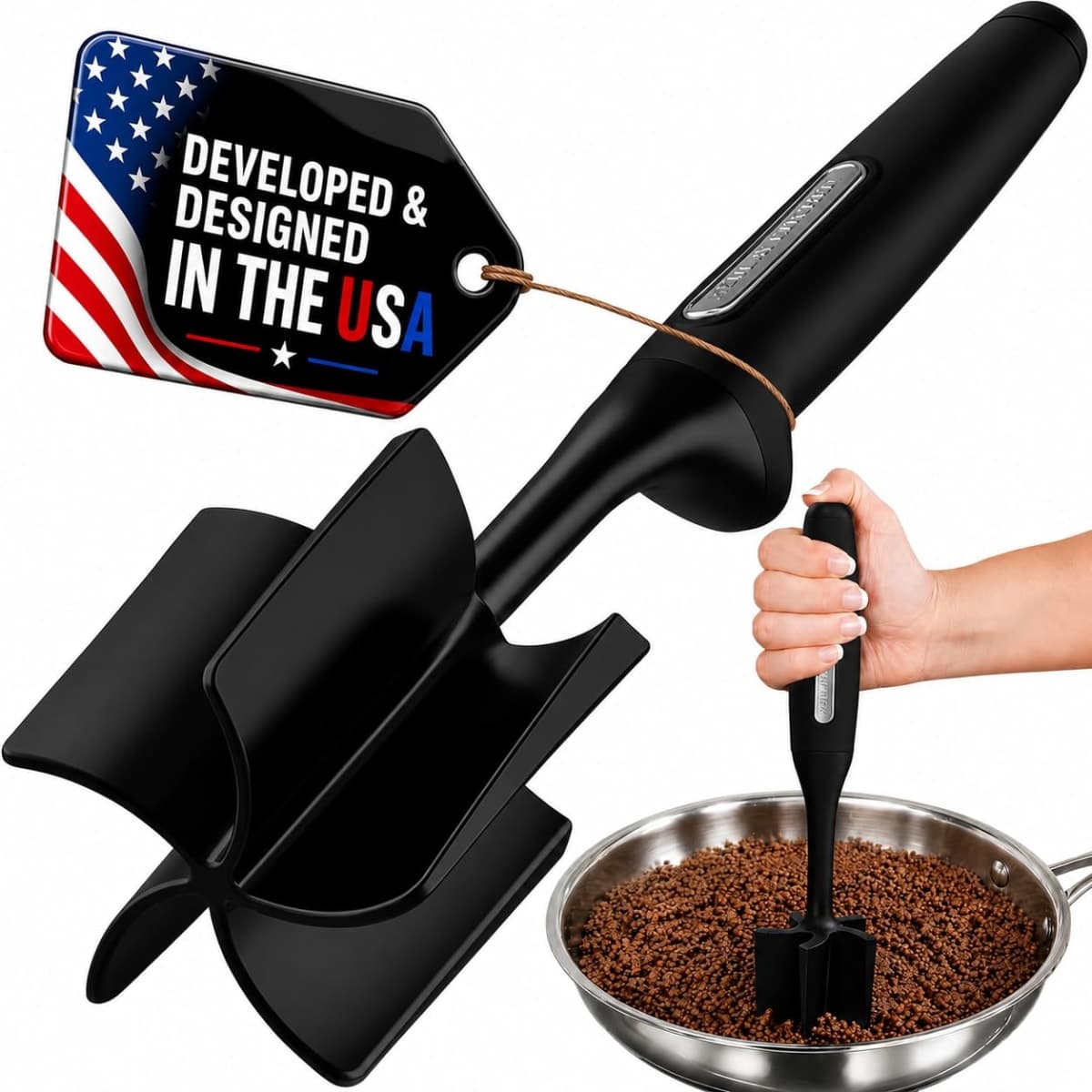 Zulay Kitchen Professional Meat Chopper & Potato Masher - Durable Non-Scratch Meat Masher Hamburger Chopper - Versatile Masher Kitchen Tool Ground Beef Chopper - Black — image 1