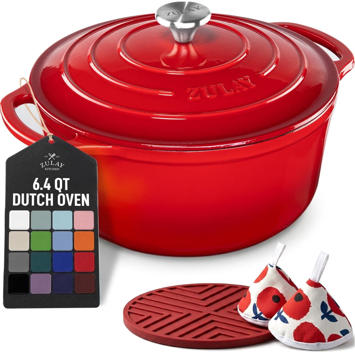 Zulay Kitchen 6.4QT Enameled Cast Iron Dutch Oven Pot with Lid, Heat Pad & Trivet, Heavy-Duty Soup Pot for Stews, Braising, Roasting & Sourdough Bread Baking, Oven Safe up to 500°F - Ablaze Red — image 1