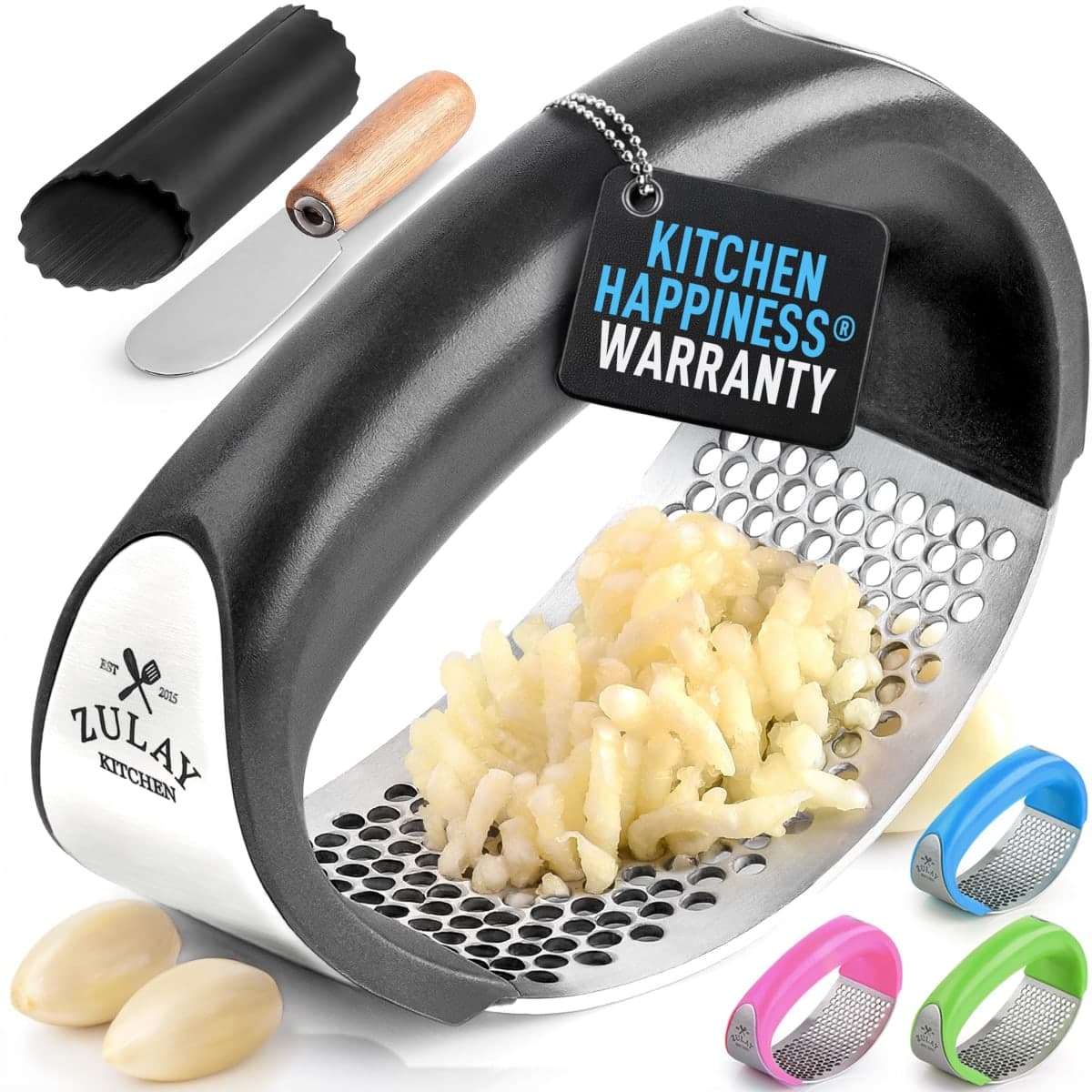 Zulay Kitchen Stainless Steel Garlic Press Rocker Set - Premium Garlic Mincer with Silicone Peeler & Scraper - Arc Shape Design Garlic Crusher with Comfortable Grip (Black) — image 1