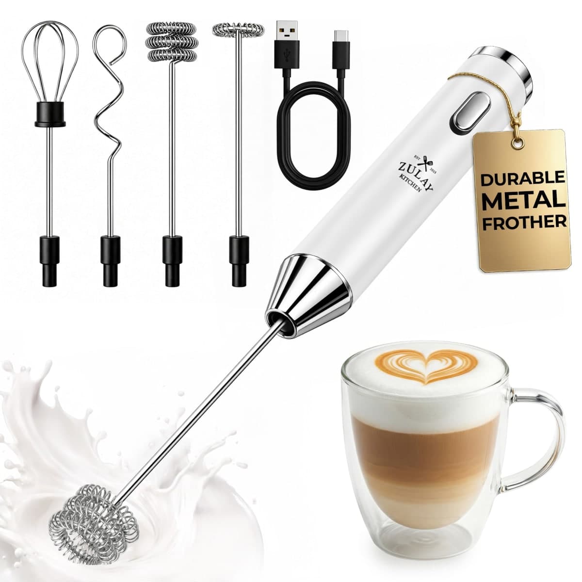 Zulay Kitchen Rechargeable Milk Frother Handheld - Frother Wand, Drink Mixer, Electric Whisk Frother, for Cappuccinos, Matcha & Protein Powder - Ultra Metal 4 Whisk, 1800mAh White — image 1