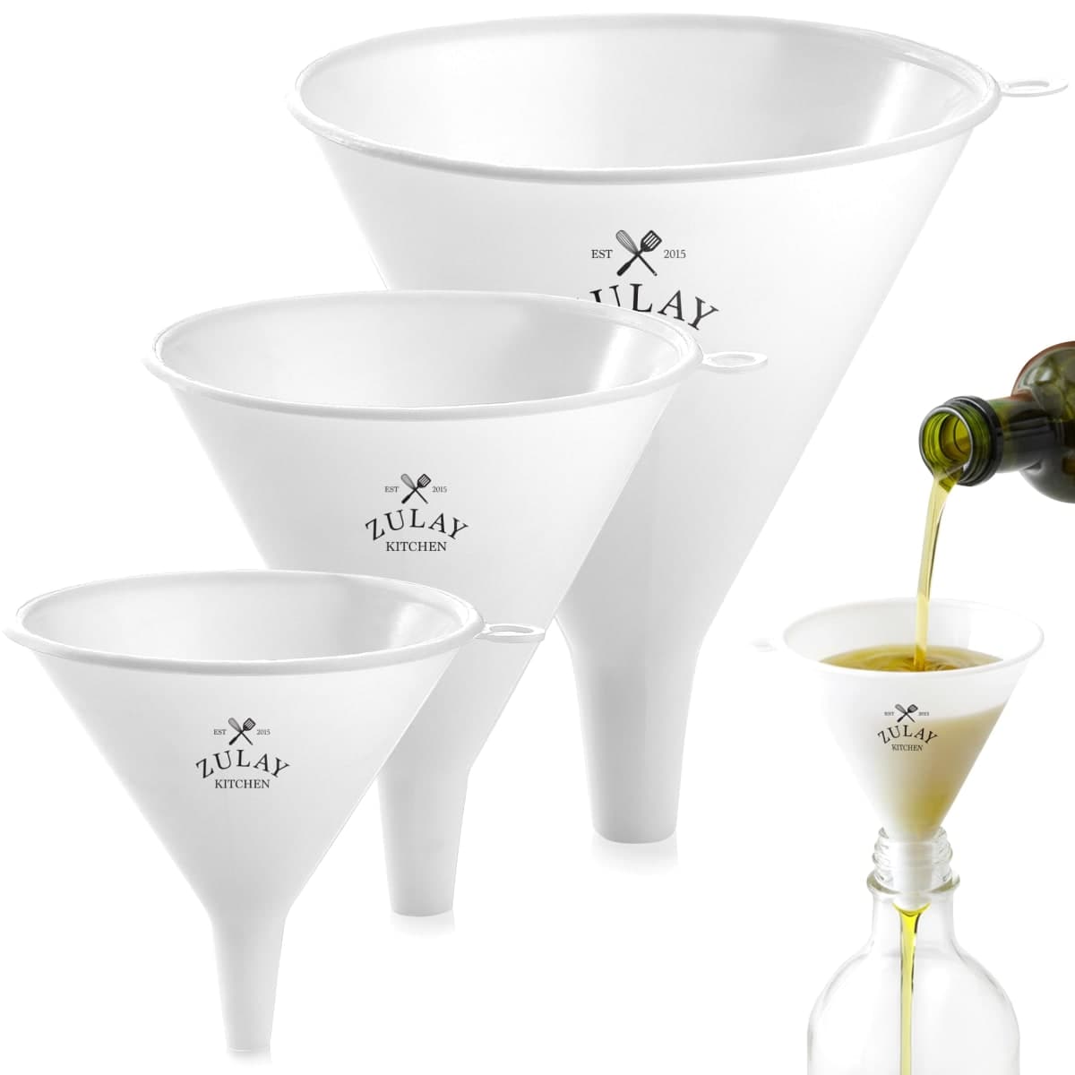 Zulay 3-Pieces Plastic Funnel Set - Large, Medium, and Small Kitchen Funnels for Filling Bottles - BPA Free Food Grade Cooking Funnel Set of 3 — image 1
