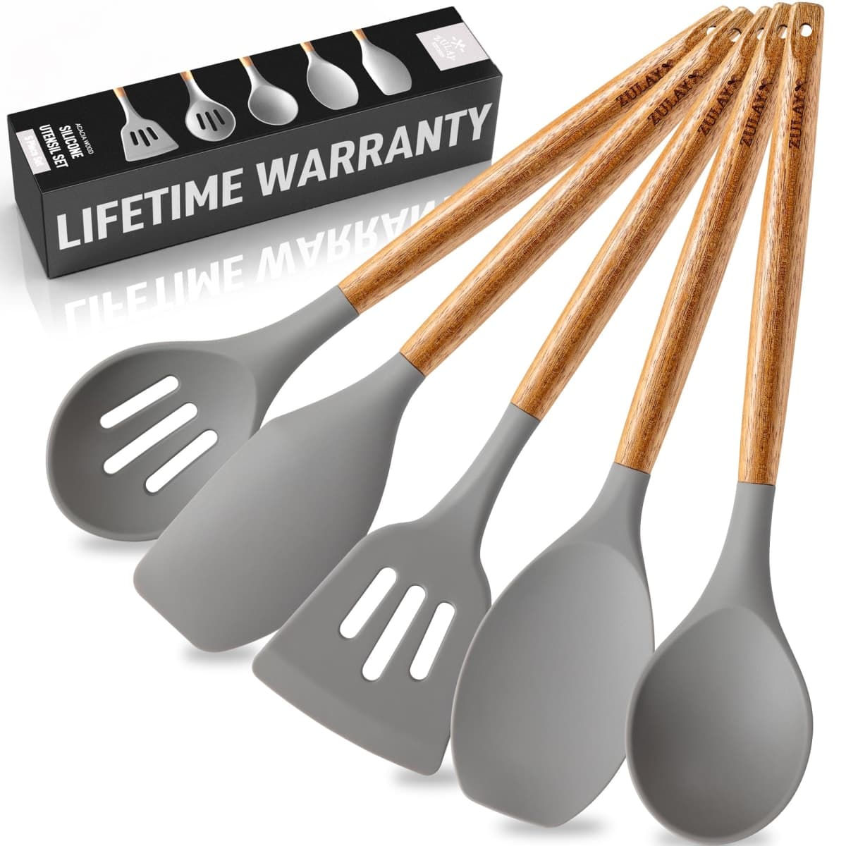 Zulay Kitchen Utensils Set Non-Stick Silicone Cooking Utensils Set with Authentic Acacia Wood Handles - 5 Piece Silicone Utensil Set - Silicone Kitchen Utensils Set with 464°F Heat Resistance - Gray — image 1