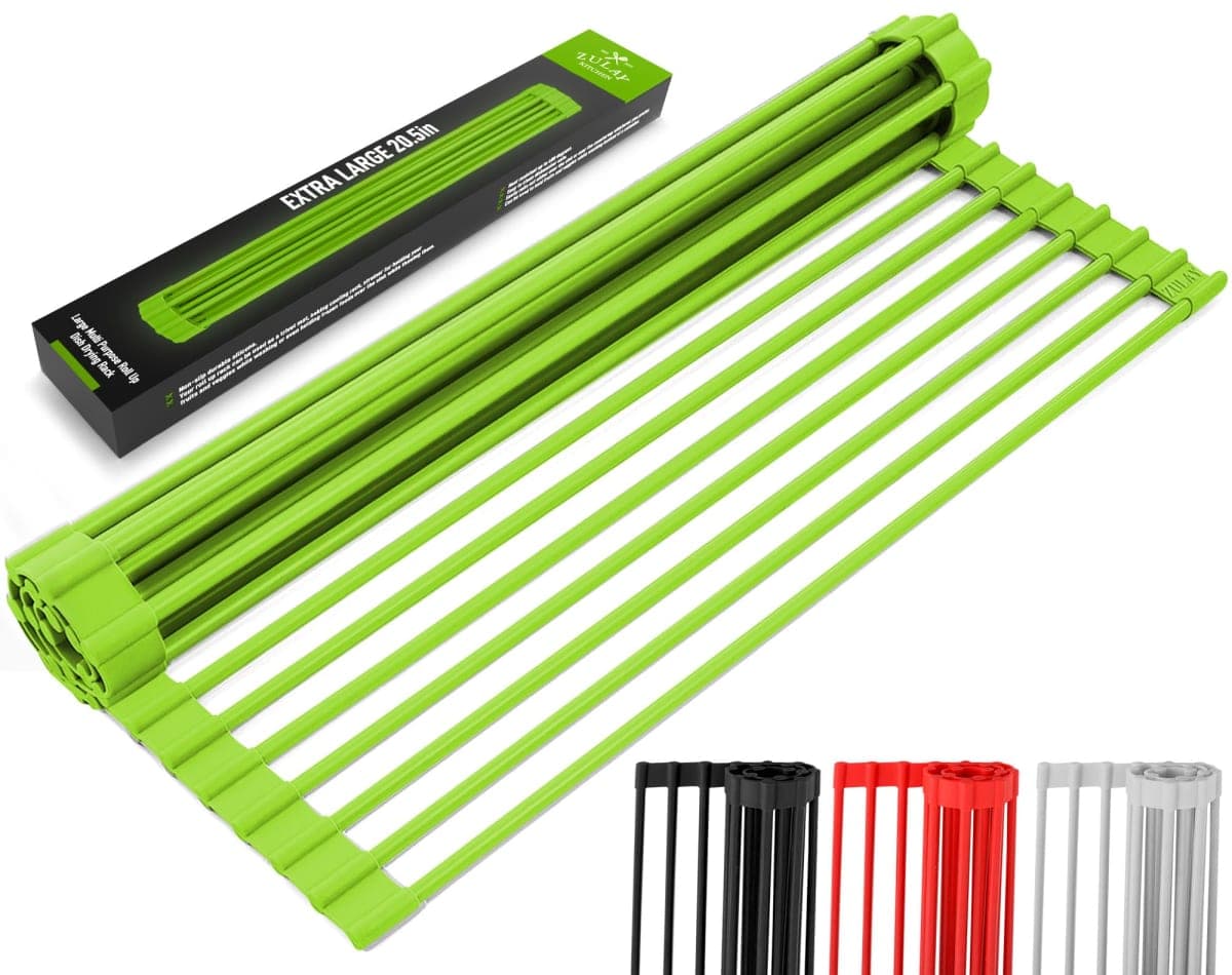 Large 20.5" Multipurpose Roll Up Dish Drying Rack & Trivet - Heavy Duty, Silicone-Coated Stainless Steel Roll Up Rack, Rolls Out Over any Sink - Versatile Roll Up Sink Drying Rack by Zulay (Green) — image 1