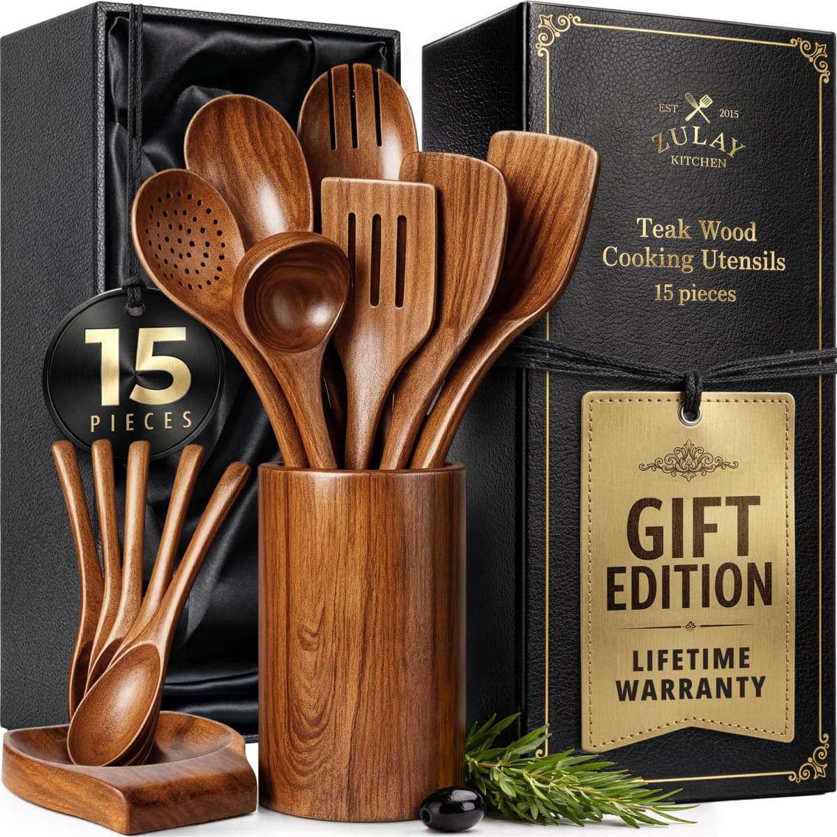 Zulay Kitchen 15-Piece Teak Wooden Utensils for Cooking - Natural Teak Utensil Set with Premium Gift Box - Non-Stick Wooden Spoons for Cooking - Kitchen Gift Set - Comfortable Grip Wooden Utensil Set — image 1