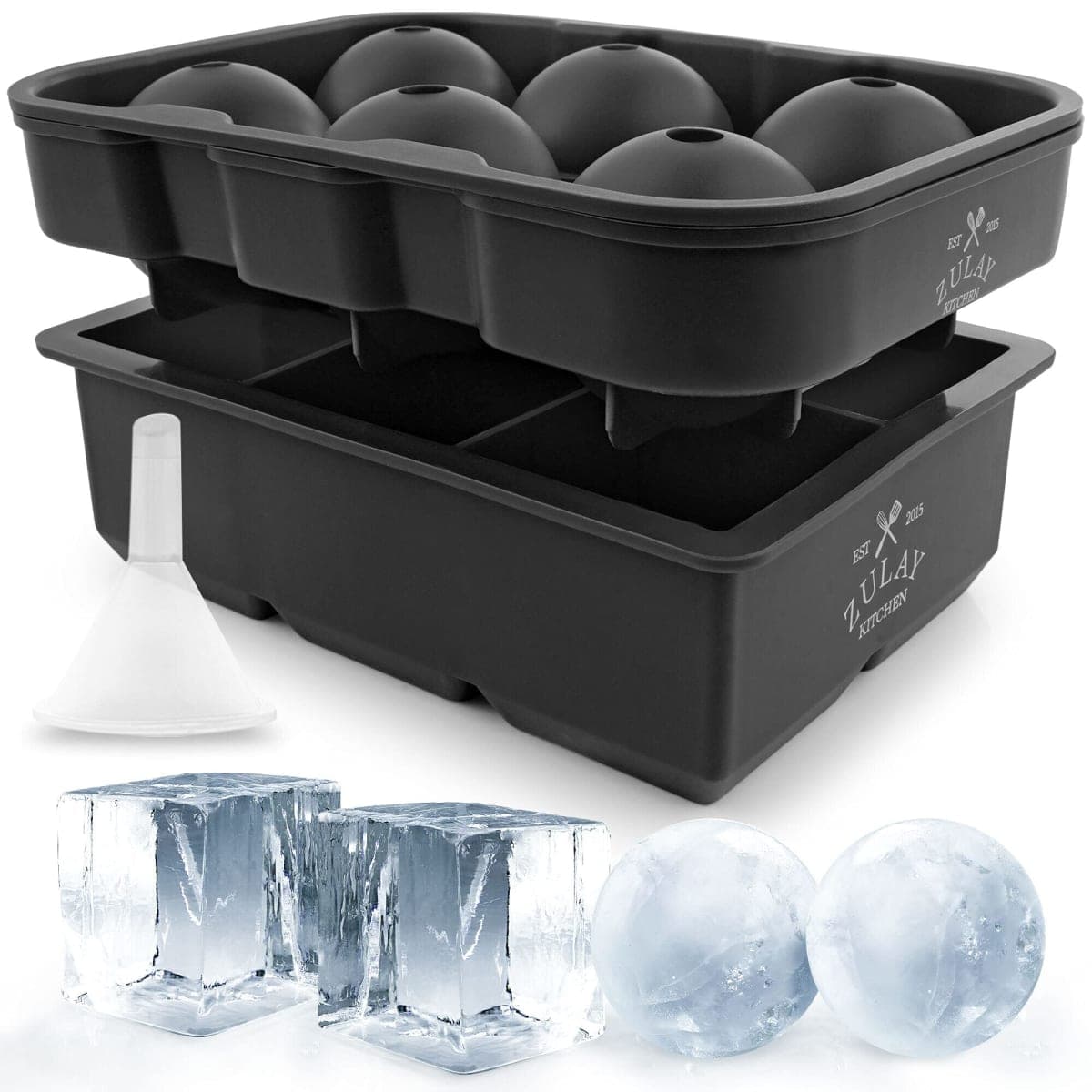 Zulay Set of 2 Silicone Large Ice Cube Trays For Cocktails - Large Ice Cube Tray & Whiskey Ice Mold For Sphere & Square Shaped Ice - BPA Free Whisky Ice Ball Mold For Bourbon, Scotch & More (Black) — image 1