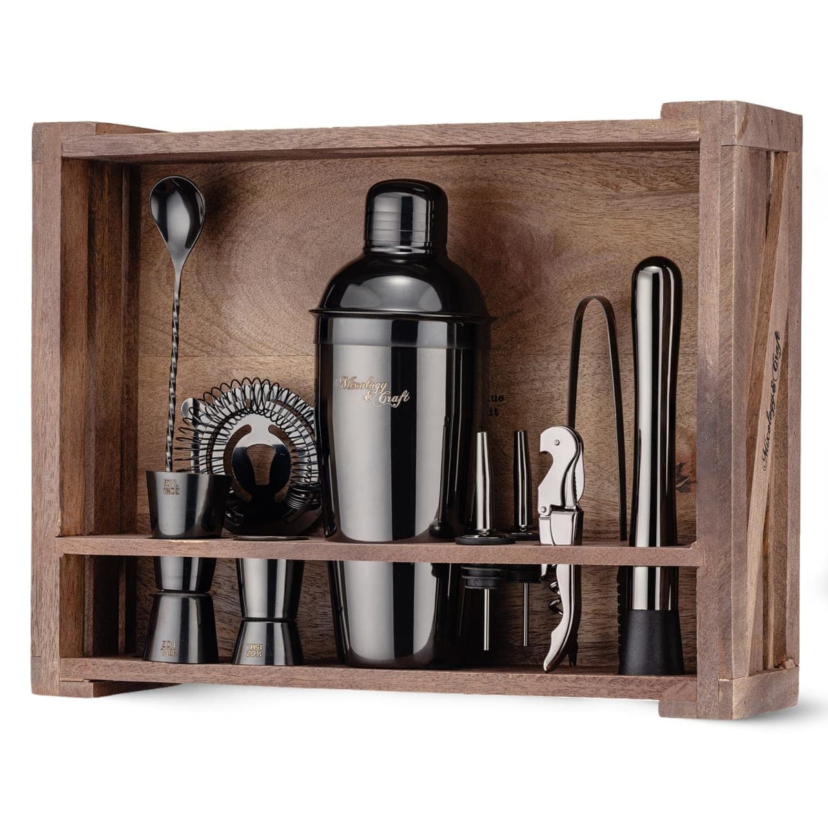 Mixology Bartender Kit: 11-Piece Bar Tool Set with Rustic Wood Stand | Perfect Home Bartending Kit and Cocktail Shaker Set for an Awesome Drink Mixing Experience (Gun-Metal Black) — image 1