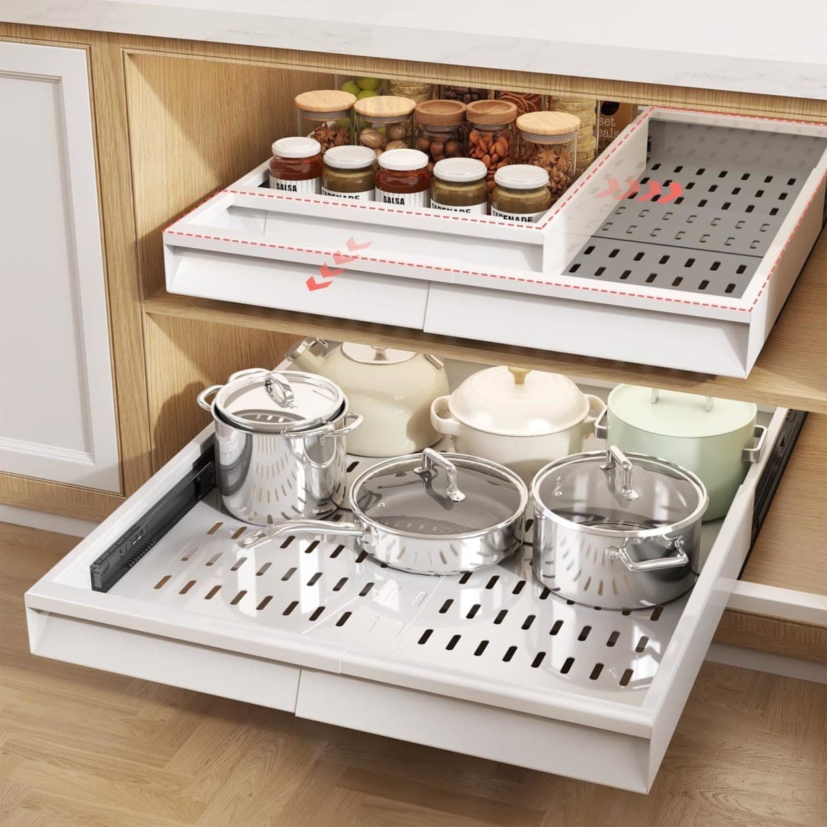 Seinloes Pull Out Cabinet Organizer, 4-Side Expandable to Fit Most Cabinets, 3 Rail Slide Out Drawers with Raising Pad for Framed & Frameless Cabinets, 13"-21" W x 17"-24" D, White, 2 Pack — image 1