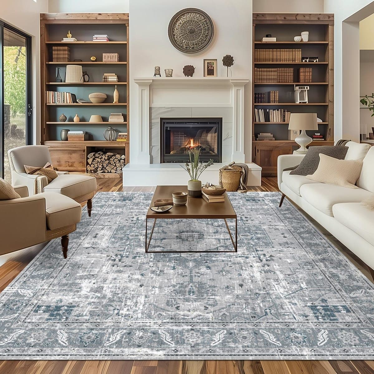 Living Room Area Rugs Boho Washable Vintage Sage Green 8x10 Neutral Modern Non Slip Carpet for Nursery Dining Room Bedroom Farmhouse — image 1