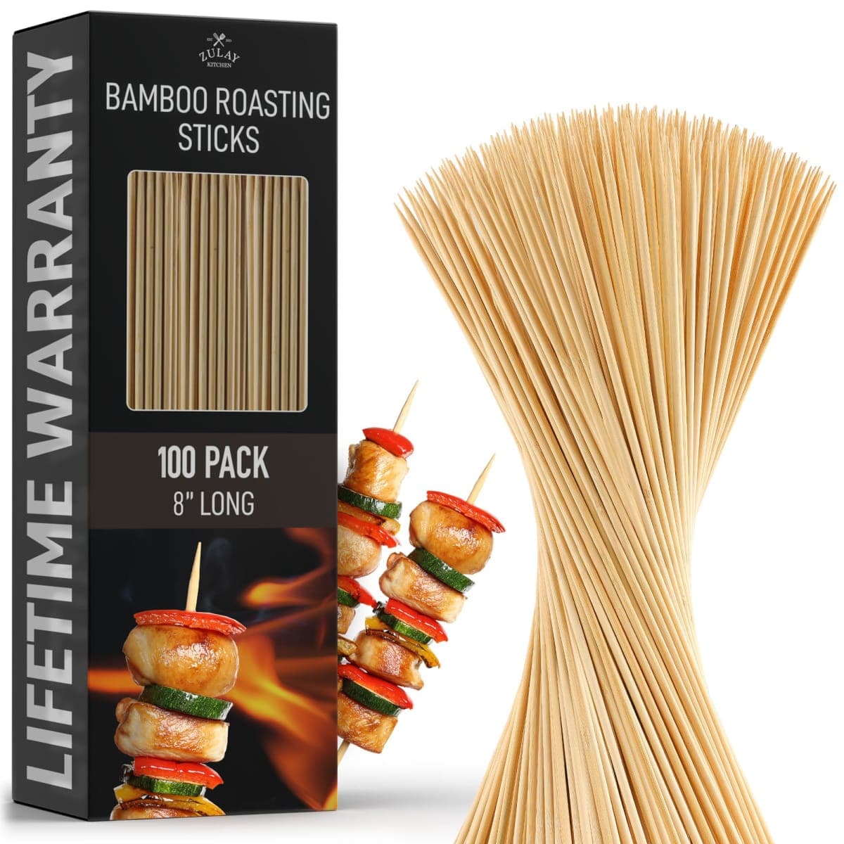 Zulay Kitchen Authentic Bamboo Skewers - 100, 8" Roasting Sticks - 5mm Heavy-Duty Bamboo Skewers - Thick BBQ Sticks - Ideal for Grilling & Camping — image 1