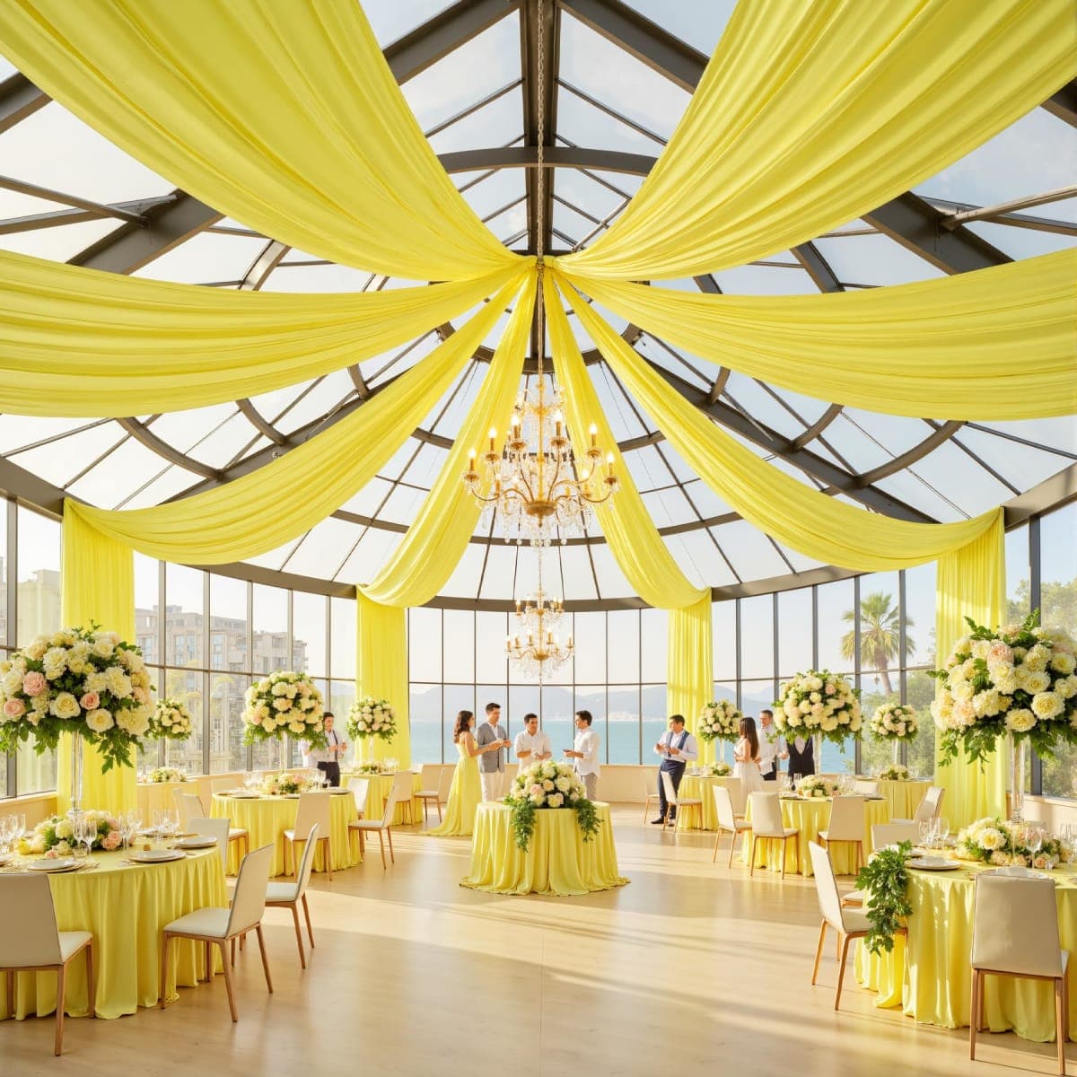 10 Panels 5ft(W) x 20ft(H) Light Yellow Ceiling Drapes for Wedding Parties — image 1