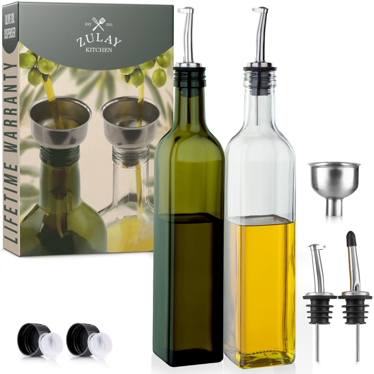 (2 pack) Zulay 17oz Olive Oil Dispenser Bottle For Kitchen - Glass Olive Oil Bottles With 2 Spouts, 2 Removable Corks, 2 Caps, & 1 Funnel - Oil Bottle For Kitchen & Storing Liquids — image 1