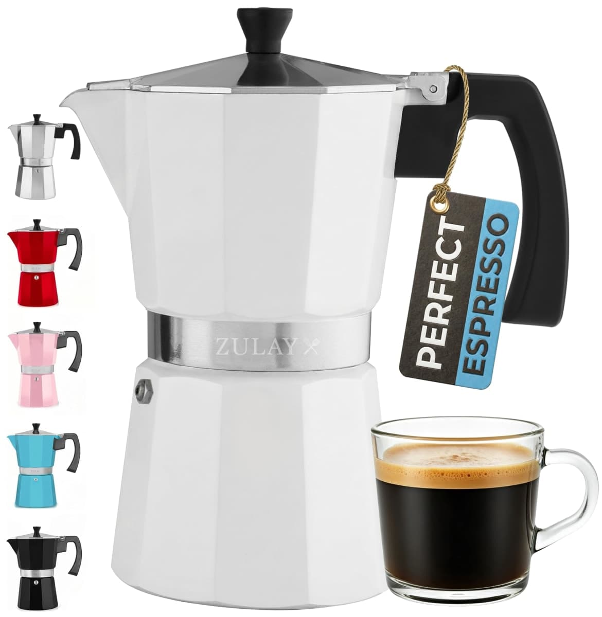 Zulay Moka Pot Espresso Stovetop Coffee Maker - Leak-Proof, Stainless Steel, Easy to Clean, Heat Resistant Handle & Knob - for Authentic Cuban & Italian Style Espresso - Makes 9 Espresso Cups - White — image 1