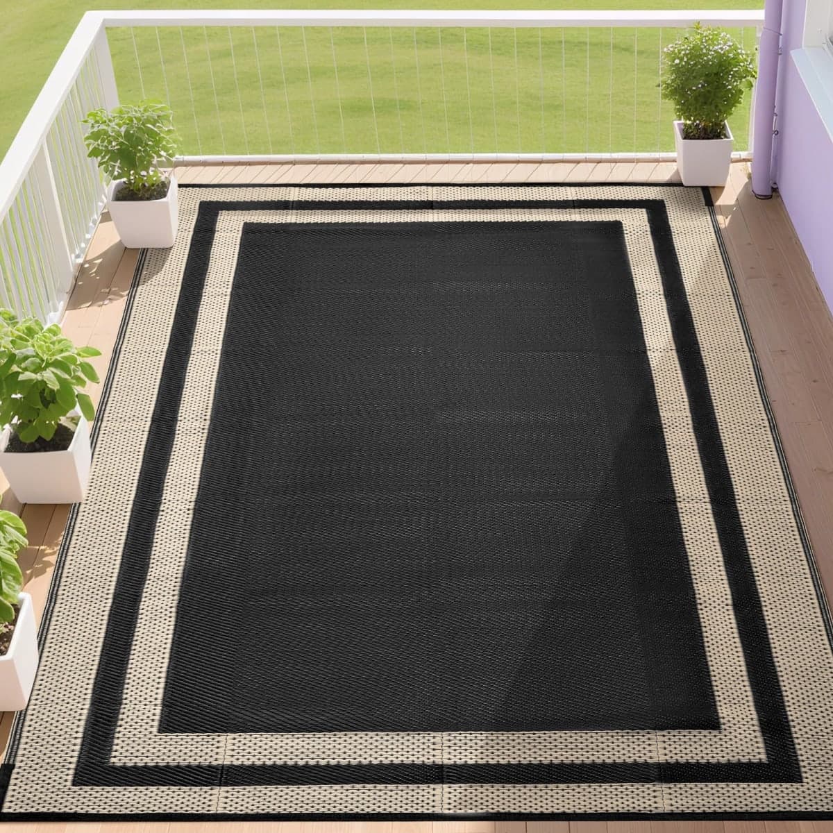 RURALITY Outdoor Rugs 6x9 Waterproof for Patios Clearance,Plastic Straw Mats for Backyard,Porch,Deck,Balcony,Black&Beige — image 1