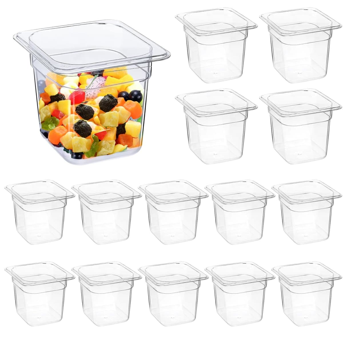TANEMUDO 14 Packs Plastic Clear Food Pans 1/6 Size Stackable Storage Containers for Fruits Vegetables Beans for Restaurant, Commercial, and Hotel Use with Capacity Indicator (6" Deep) — image 1