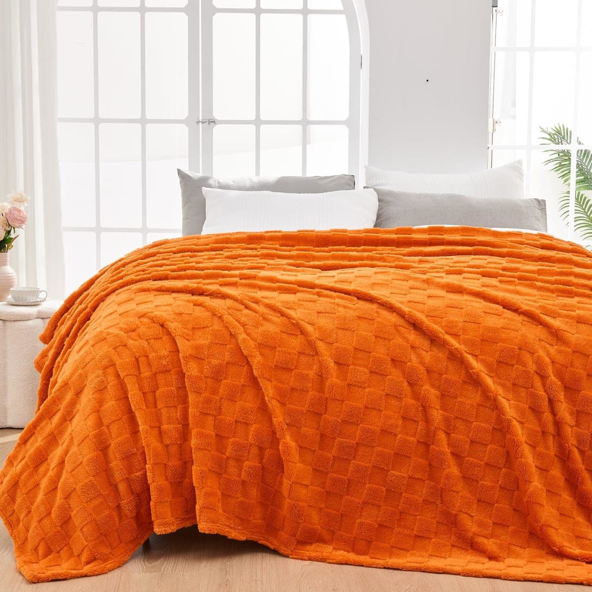NEWCOSPLAY 3D Checkered Flannel Queen Blanket, Orange Checkered, 90"x90" — image 1