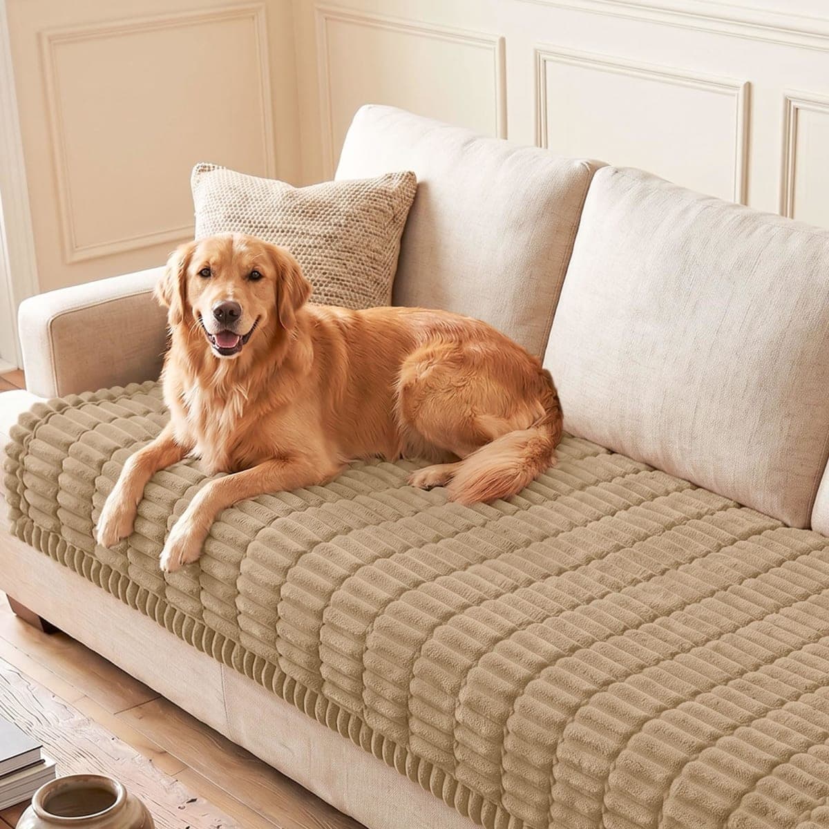 hyha Couch Covers for Dogs Washable, Non Slip Plush Dog Sofa Protectors, Fuzzy Pet Couch Covers for 3 Cushion Sofa Pet Friendly (Khaki, 35.4" x 88") — image 1