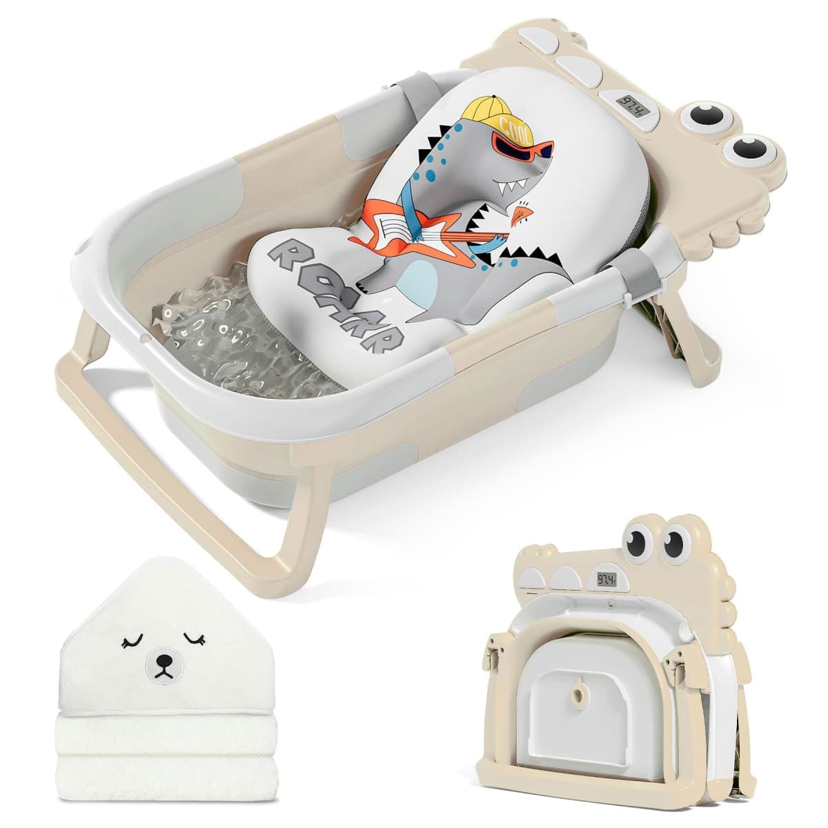 MoreFeel Collapsible Baby Bathtub for Newborn with Thermometer & 1 Hooded Towel & 1 Soft Floating Cushion,Portable Travel Bathtub with Drain Hole, Durable Foldable Baby Tubs for Infants to Toddler — image 1
