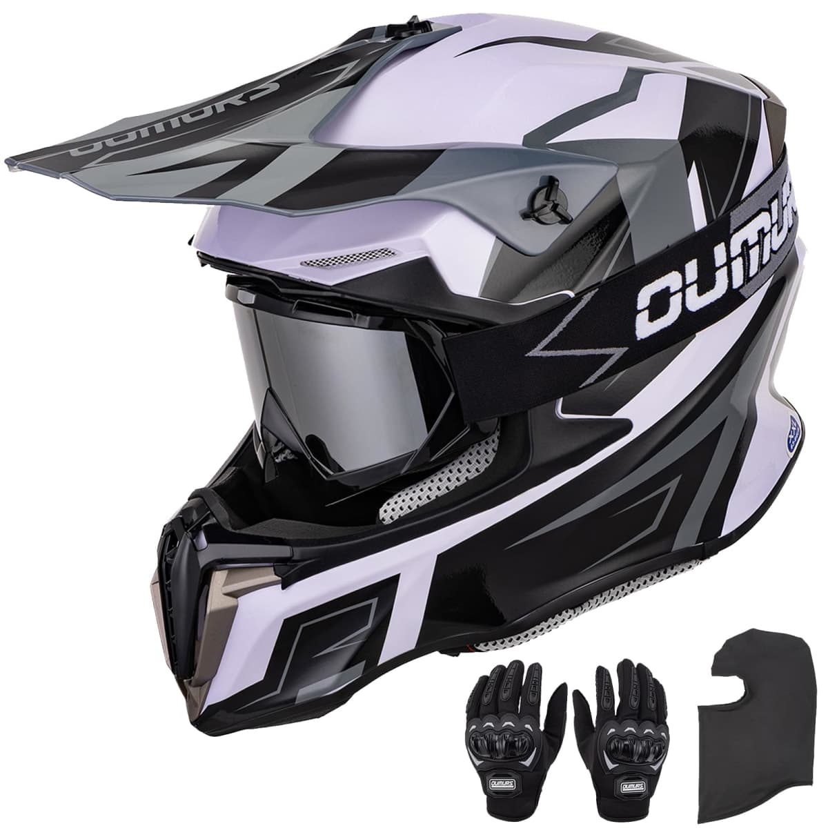 OUMURS Adult ATV Dirt Bike Helmet with Gloves & Mask Adjustable Sun Visor Motorcycle Adult Helmet Off-Road Motocross Downhill Moped MX for Unisex-Adult - White-Gray, M — image 1