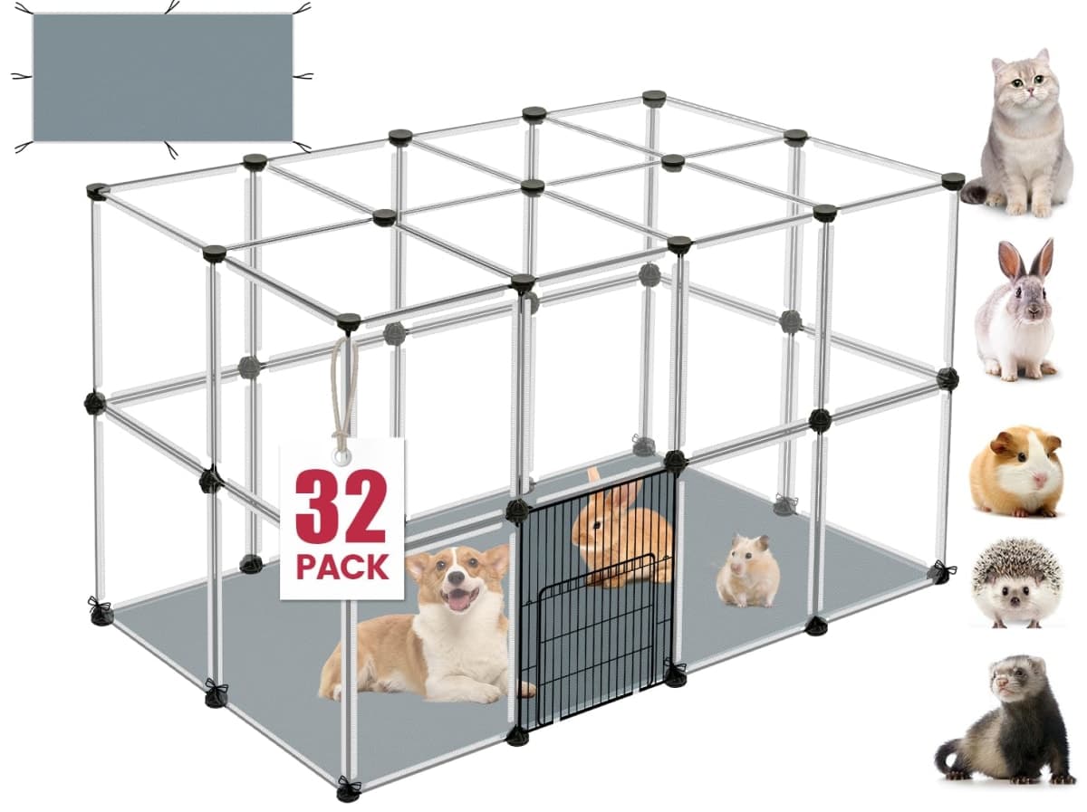 32 Panels Small Animals Playpen,Transparent Pet Playpen with Waterproof Mat, Plastic Enclosure,Puppy Play Pen,Pet Fence Yard Fence for Guinea Pigs,Bunny,Ferrets,Hamsters,Hedgehogs for Indoors Outdoor — image 1