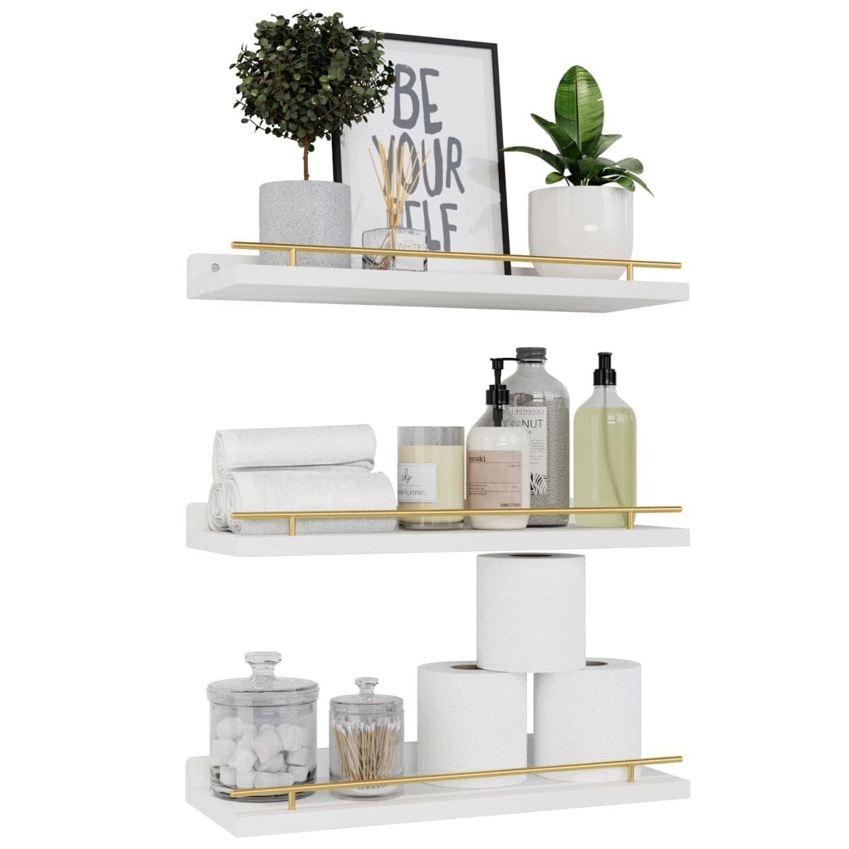 WOPITUES Floating Shelves with Gold Metal Guardrail, Shelves for Wall Decor Set of 3, Wall Shelves for Bedroom, Bathroom, Kitchen, Living Room, Plants, Picture Frames, Art- White and Gold — image 1