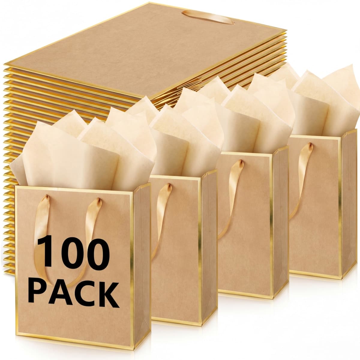 Yeaqee 100 Pcs Metallic Paepr Gift Bags Bulk with Handles,Kraft — image 1