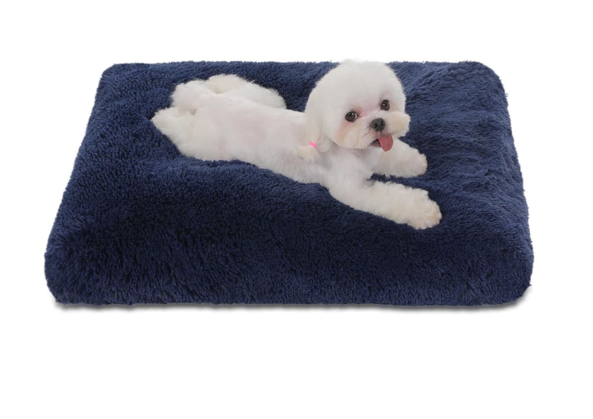 Bedfolks Waterproof Dog Crate Bed,Plush Dog Crate Pad with Removable Cover,Faux Fur Dog Bed for Small Dogs and Cats,Fluffy Washable Dog Kennel Bed 21"x13",Dark Blue — image 1