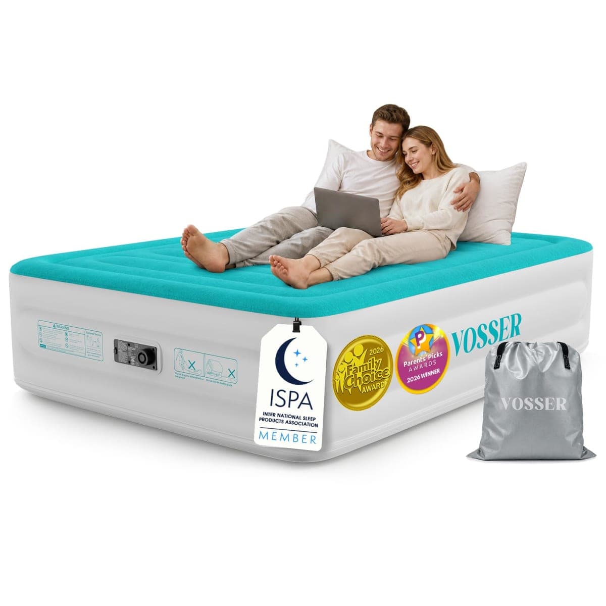VOSSER Queen Air Mattress with Built in Pump,18'' Raised Blow Up Mattress, I-Beam Inflatable Mattress with Storage Bag, Upgraded Flocked Top Air Bed for Home, Camping & Guests,Colchone Inflable