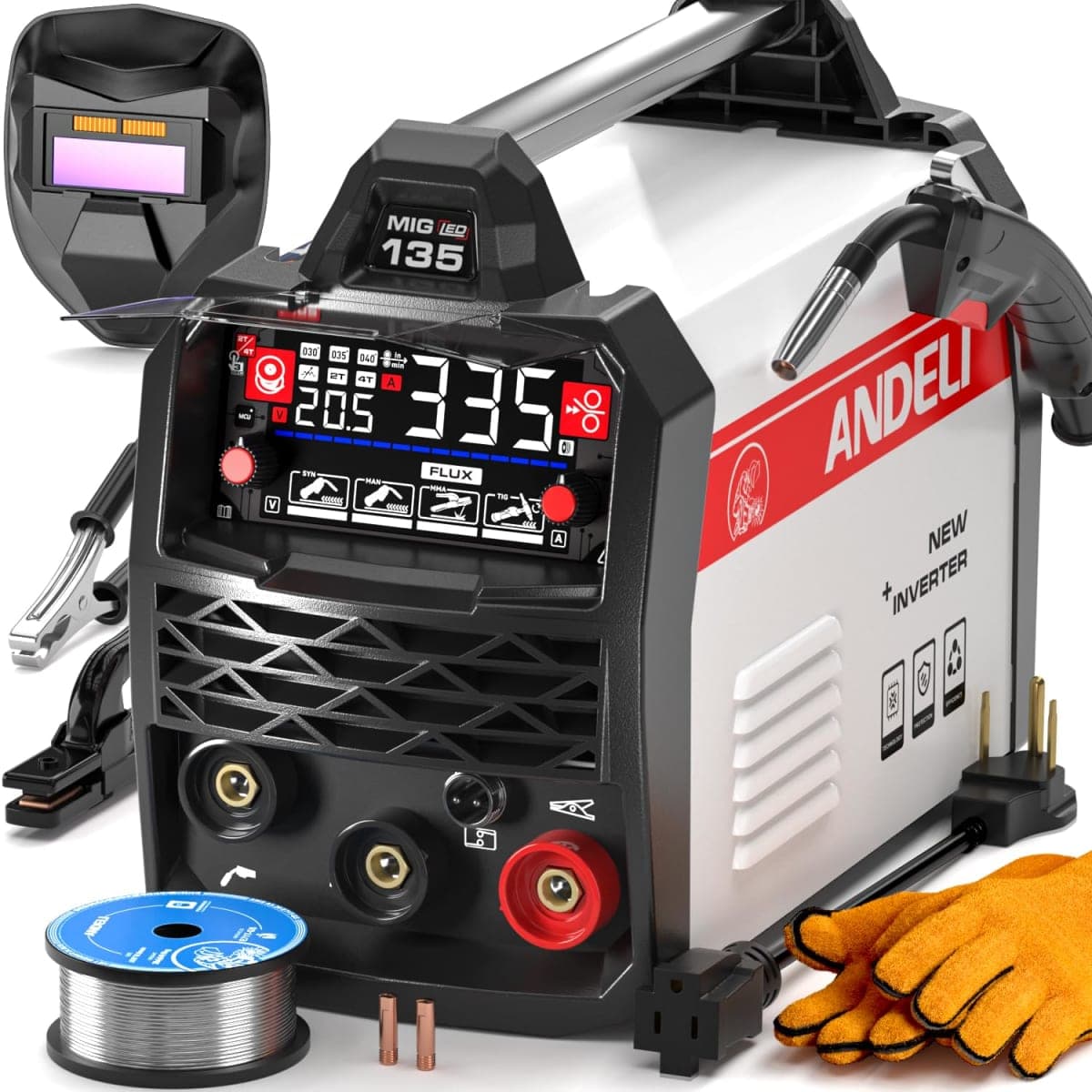 ANDELI 110V/220V MIG Welder 135A, Pulse Flux Core/Lift TIG/Stick 3-in-1