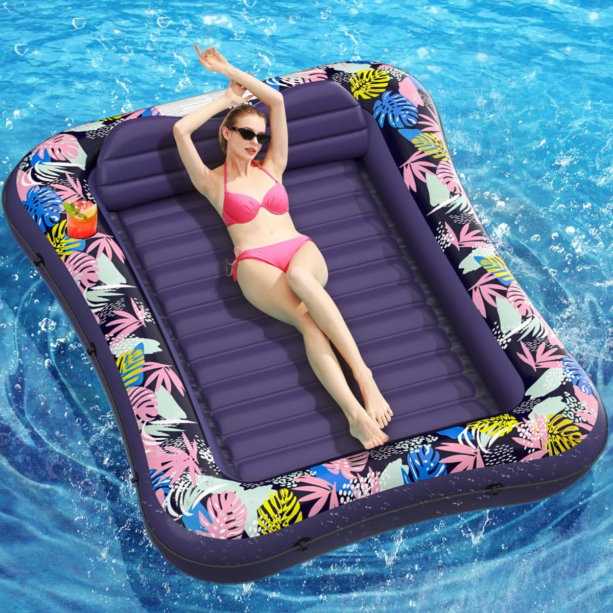 Tanning Pool Floaties for Adults, OKSUWATER Inflatable Tanning Pool Lounge Float with Removable Headrest & Drink Holder, Blow-Up Bed Sun Tan Tub for River & Lake Suntan Swimming Mattress(Purple-L) — image 1