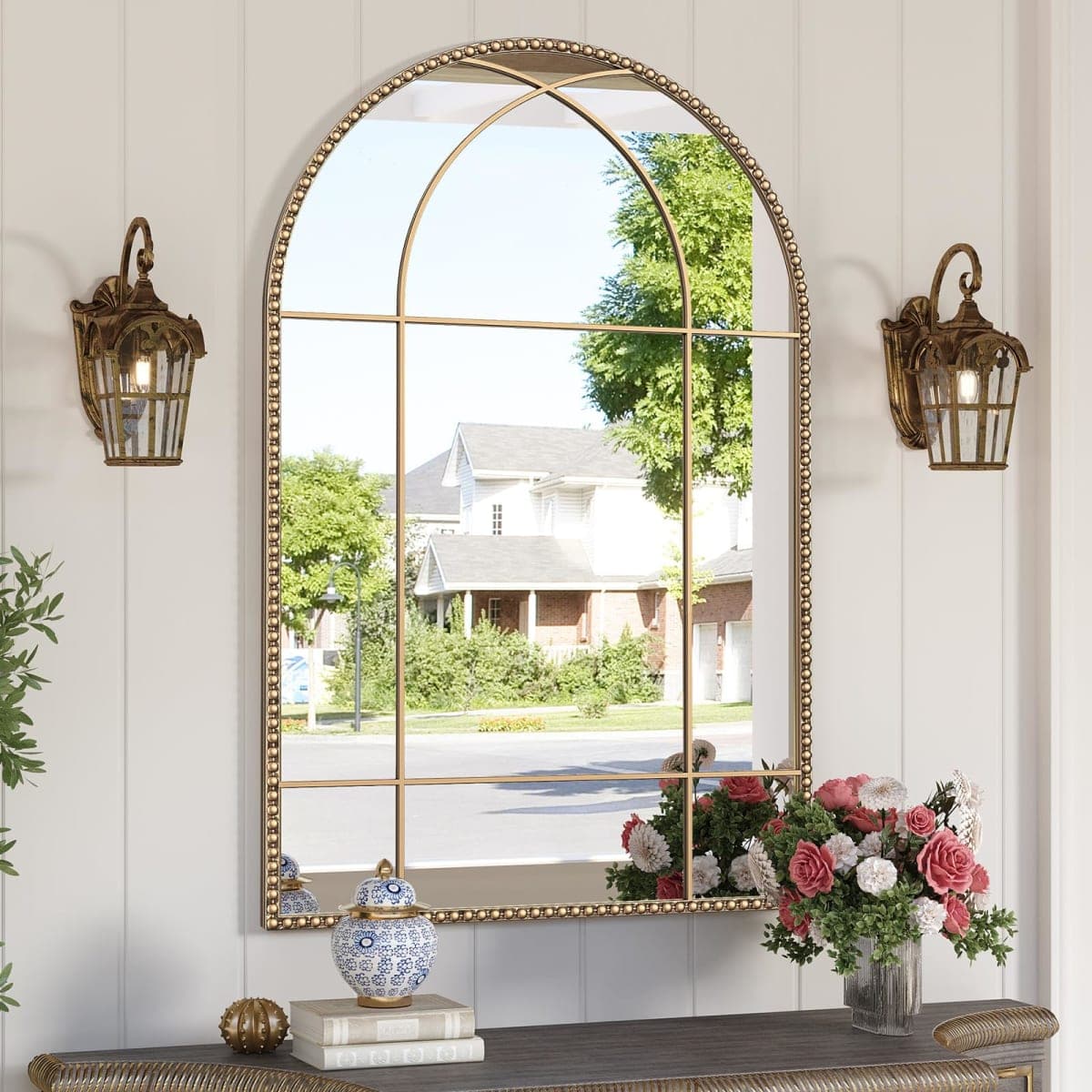 Wiserset Gold Arched Window Beaded Mirror, 24" x 36" Arched Champagne Bronze Brass Mirror with Metal Frame, Vintage Antique Mirrors, Decorative Wall Mirror for Living Room, Bedroom, Entryway — image 1