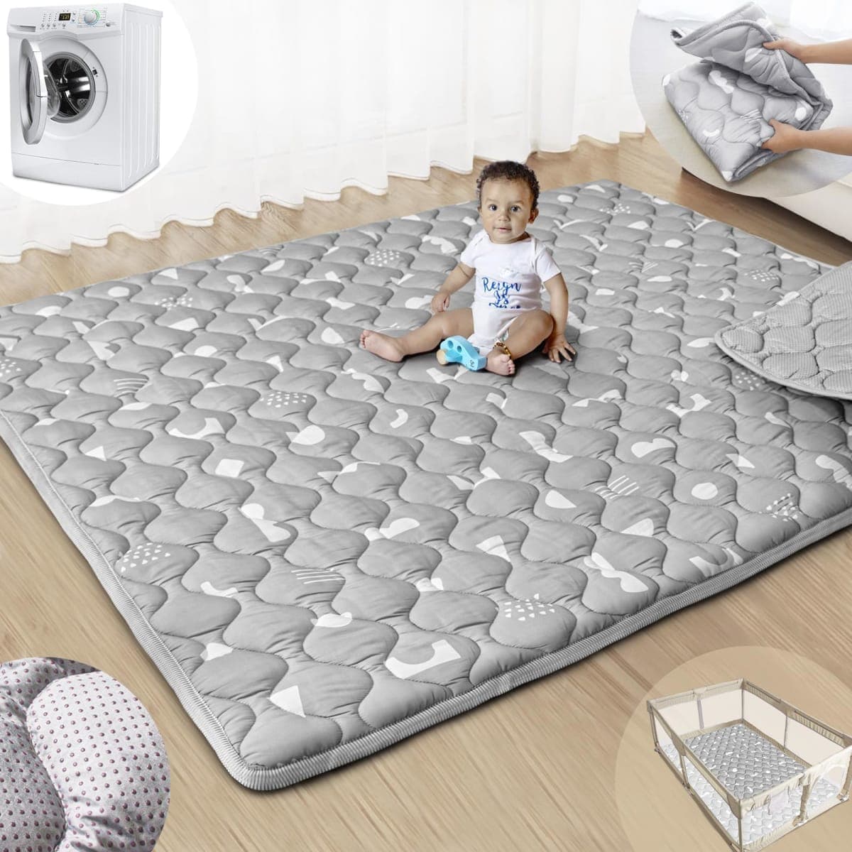 Beavtaens Baby Play Mat, 74" x 62" Super Soft Touch, Activity Mat with Upgraded Non-Slip Background, Machine Washable for Floor and Picnic (Bohemian Grey) — image 1