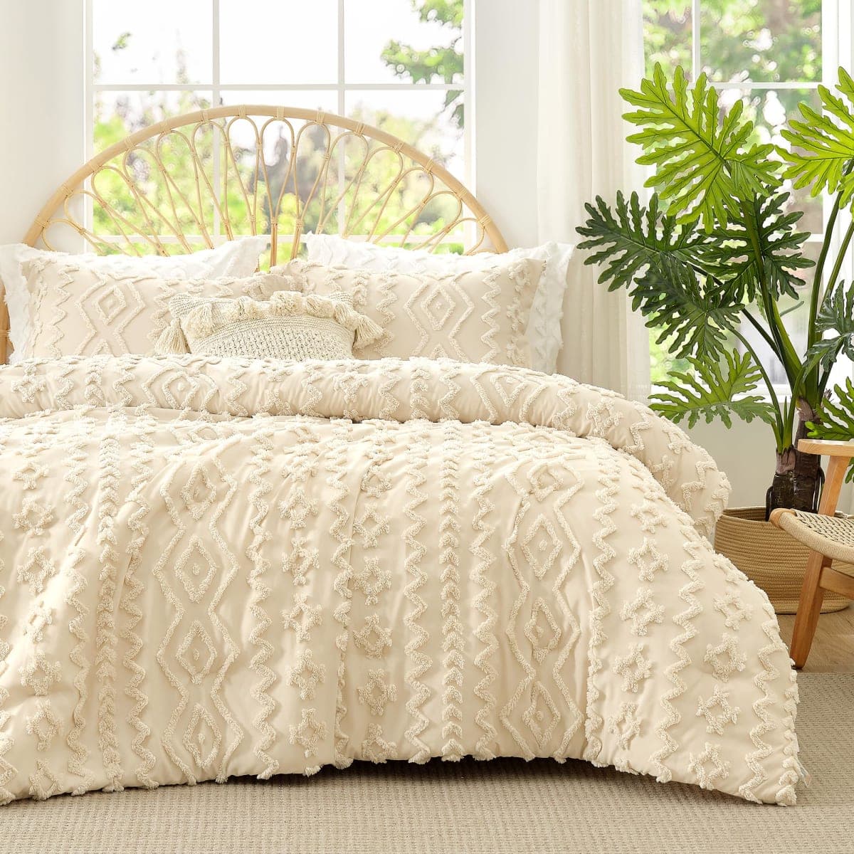 Amélie Home Tufted Boho Comforter Set Braided Cable Design King Size, 3 Piece Beige Boho Bedding Set, Rustic Farmhouse Luxury Gift for Women Home Hotel Decor, Soft Cozy Duvet for All Seaseons — image 1