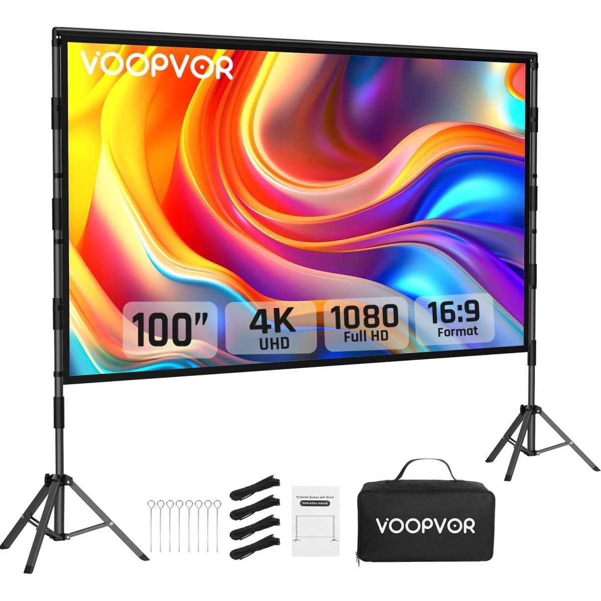 VOOPVOR 100 Inch Projector Screen with Stand, Portable Indoor Movie Screen — image 1