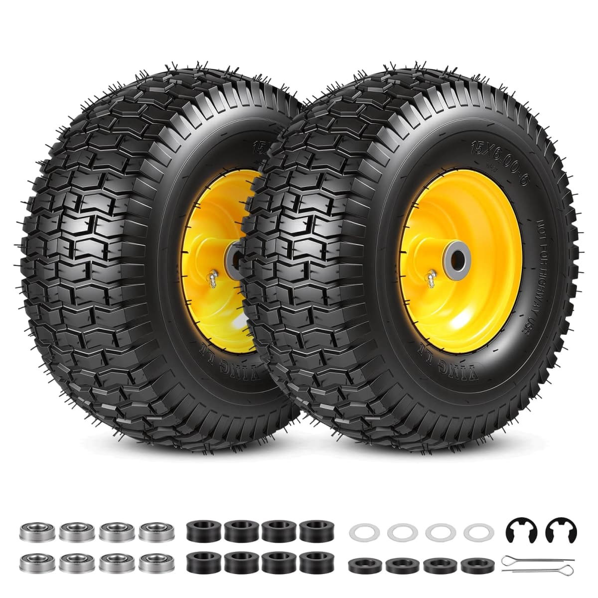 2PCS 15x6.00-6 Tire and Wheel Assembly, Replacement for John Deere Craftsman Husqvarna Riding Mowers, 4 Ply Tubeless Lawn Mower Tires 15x6x6, 500lbs Capacity, 3" Offset Hub, 3/4" Bushing