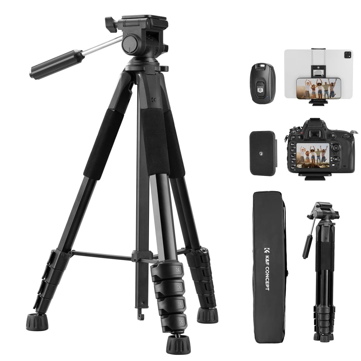 K&F CONCEPT 75" Camera Compact Tripod with Remote, Phone Holder & Pan Head — image 1