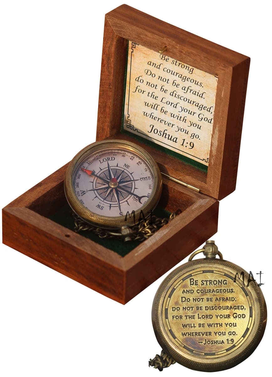 Be Strong and Courageous Engraved Compass with Wooden Box, Christian Gift for Men, Catholic Gift, Baptism Gift for Boys, Gift for Teen Boys, Graduation Gift, Sentimental Gift-Gift for Birthday — image 1