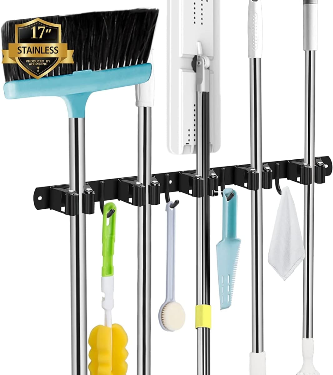 Black Broom Holder Wall Mount, 5 Racks 4 Hooks Mop and Broom Organizer — image 1