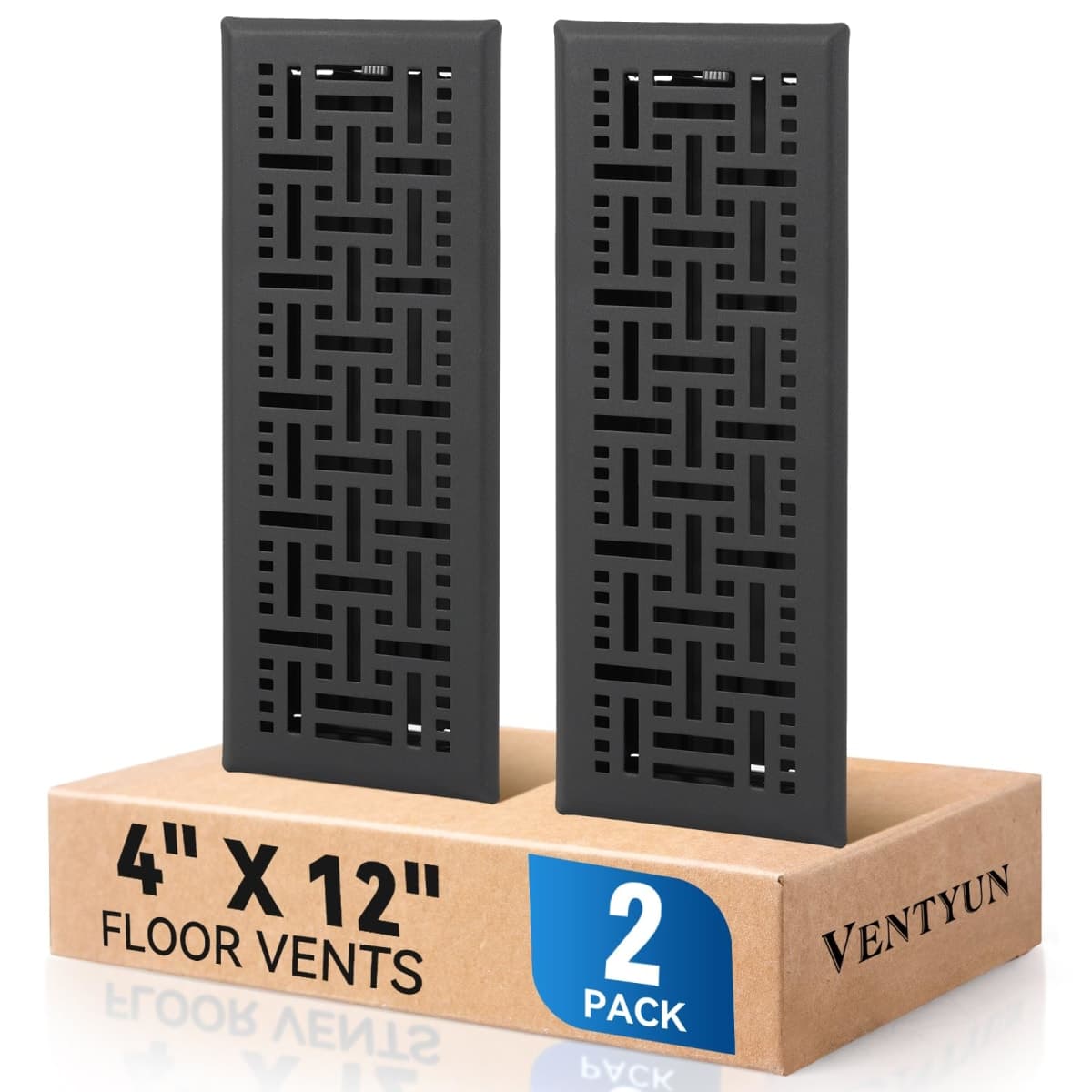 Ventyun Electroplated Floor Register,4" x 12" 2 Pack,Walkable Metal Vent Covers for Wall/Floor with Adjustable Airflow Curved Safe Edges,Matte Black — image 1
