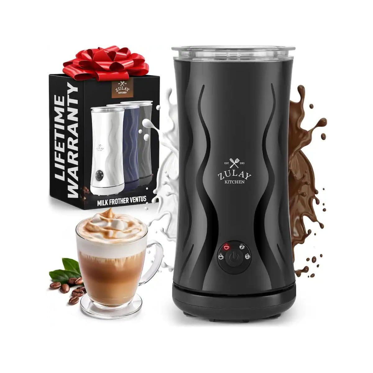 Zulay 4-in-1 Milk Frother and Steamer - Automatic Hot and Cold Foam Maker with Auto Shut Off & Temperature Control for Coffee, Latte, Cappuccino, Hot Chocolate - Black