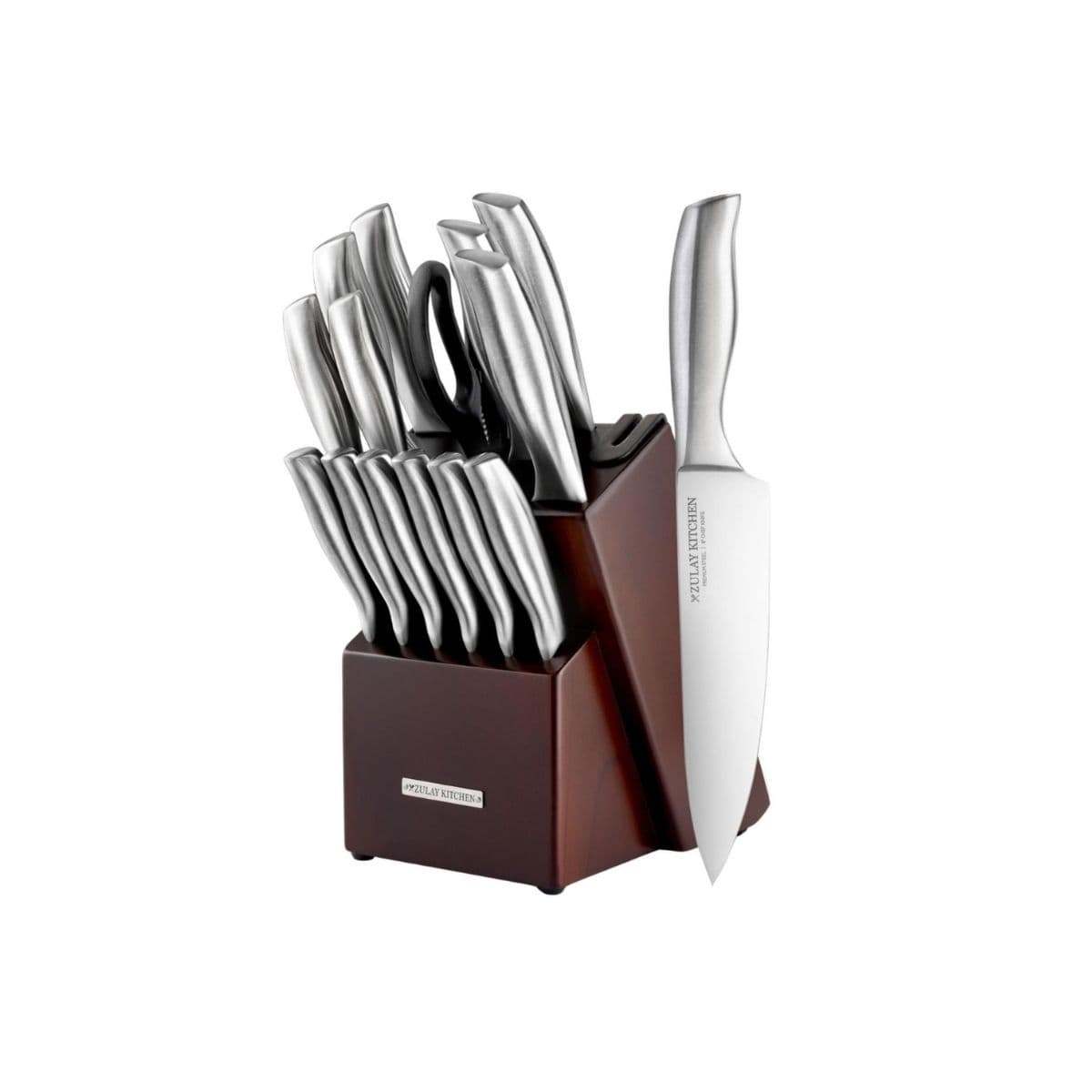 Zulay Kitchen - 15 Piece Stainless Steel Knife Set with Block and Sharpener - Dark Brown