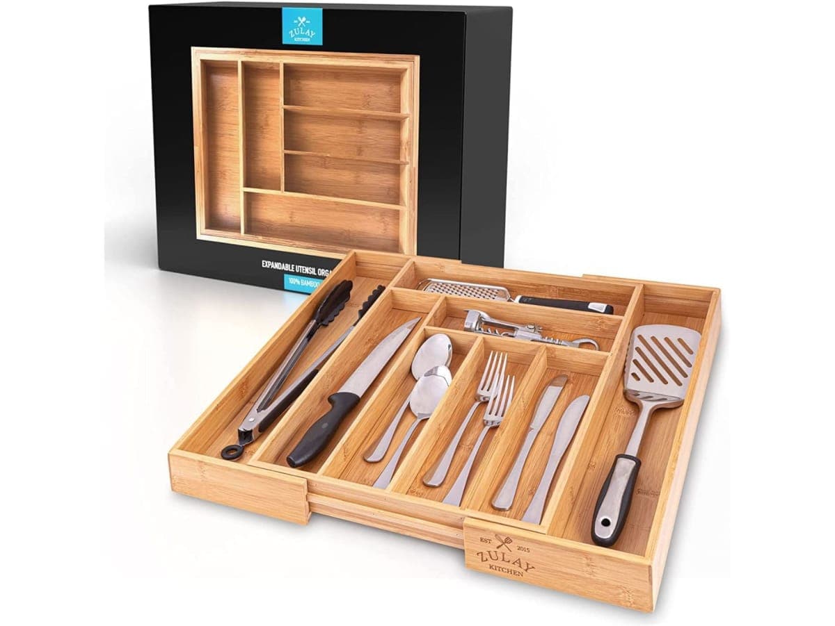 Zulay Expandable Bamboo Drawer Organizer - Adjustable Kitchen Drawer Organizer - Perfect Utensil Organizer For Silverware, Kitchen Knives, Flatware, and More