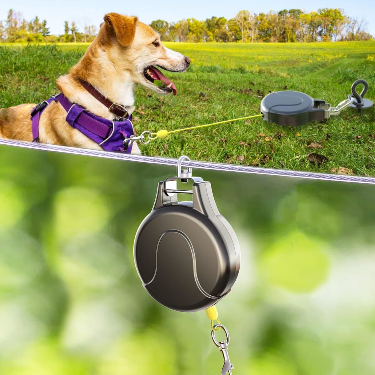 30ft Retractable Dog Tie Out Cable, 2-in-1 Retractable Dog Leash for Dog Zipline, Aerial Run Cable Dog Lead Trolley Or Dog Stake Dog Anchor, No Tangle Retractable Dog Tie Out Reel for Camping Or Yard — image 1