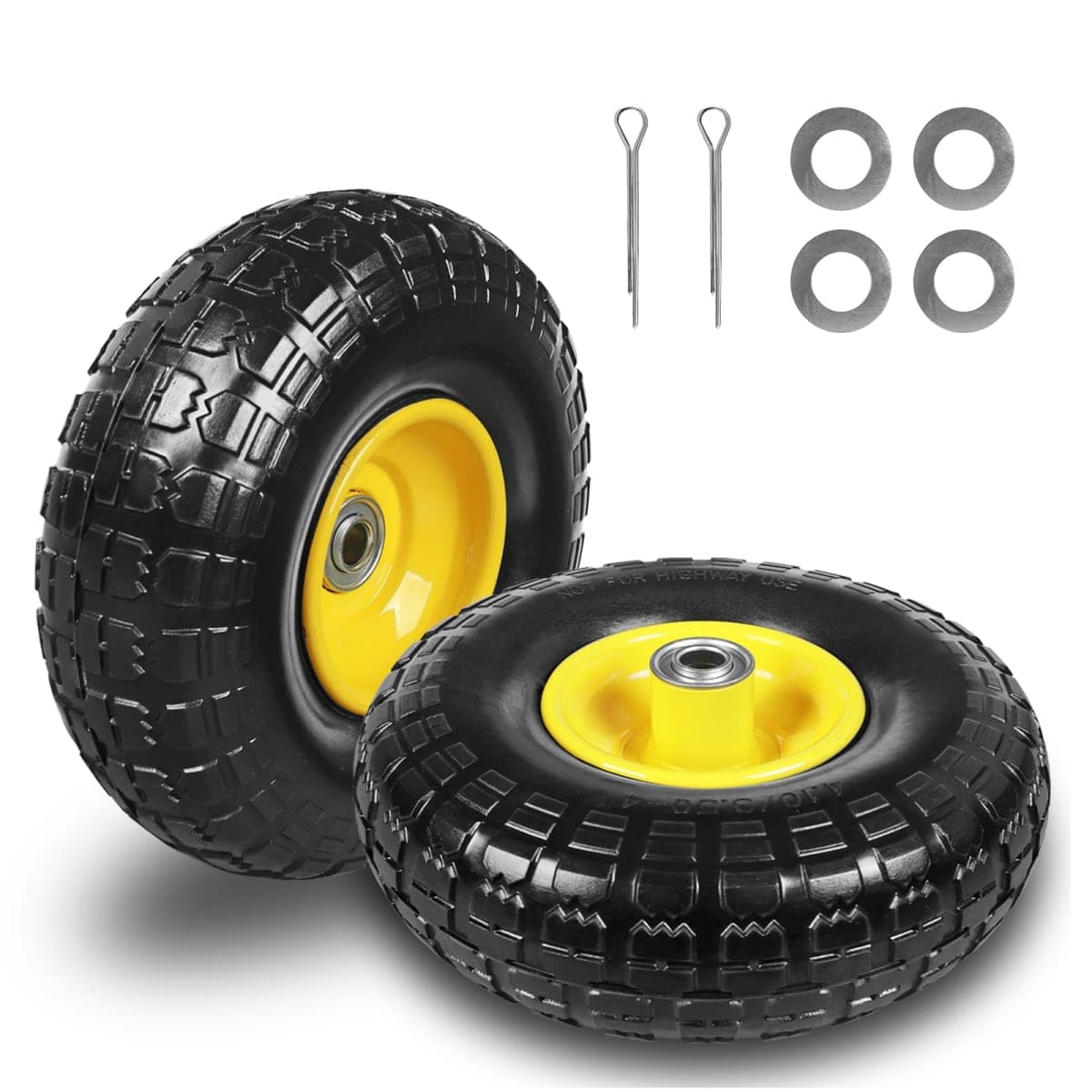Jack Boss 10 Inch Soild Rubber Dolly Tire Wheels, 4.10/3.50-4" Tire and Wheel Flat Free for Garden Carts, 5/8" Bearings,2.2"Offset Hub for Hand Truck, Gorilla Cart, Wheelbarrow Metal (2 Packs)